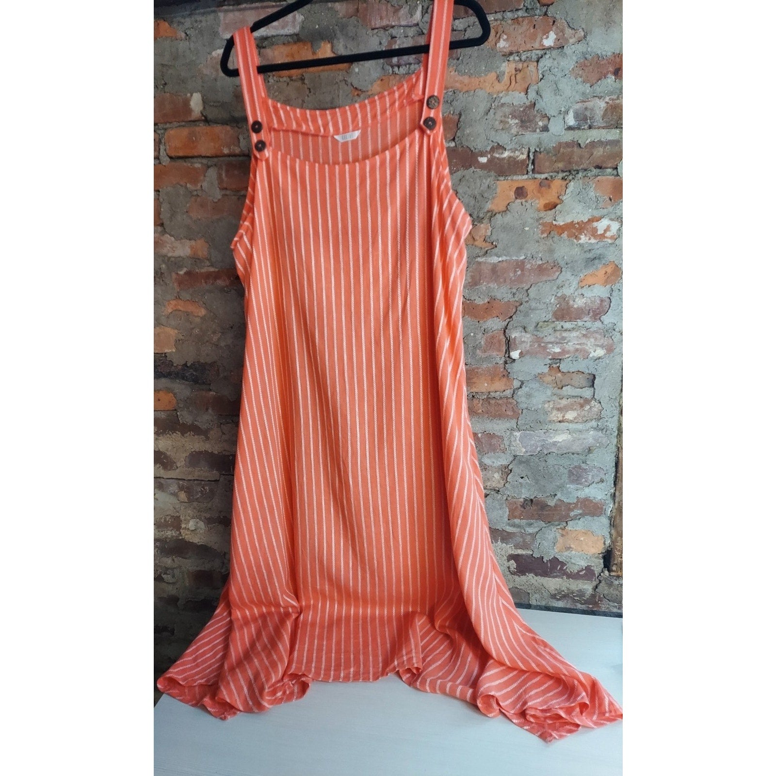 Folio Womens Maxi Sundress XXL Orange White Striped Linen Rayon Button Strap
