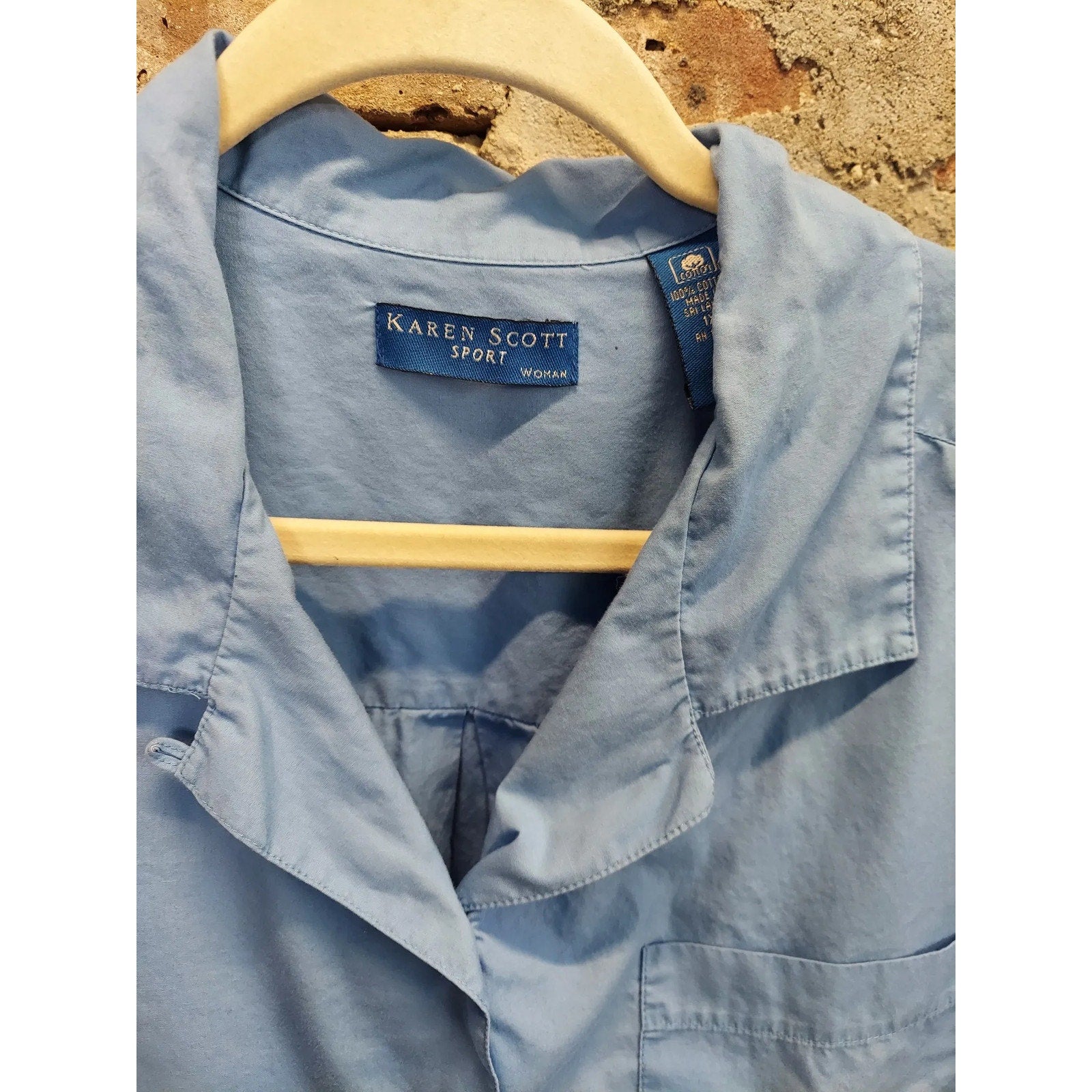 Karen Scott Sport Womens Button Up Shirt Blouse 1X Blue Cotton Short Sleeve