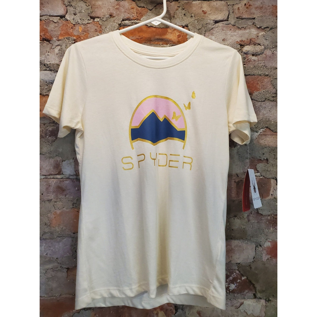 Spyder Womens T Shirt S Small Cream Graphic Mountain Butterfly Short Sleeve