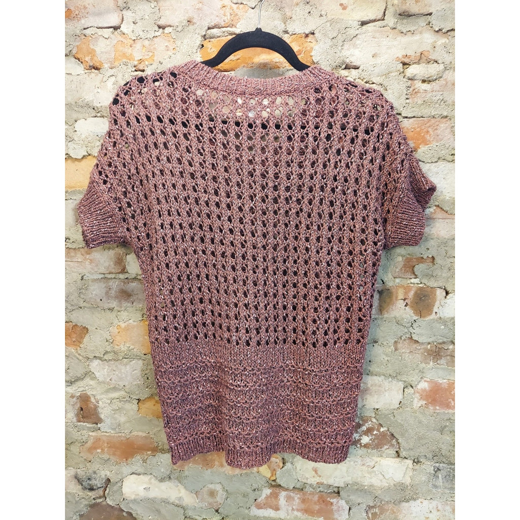 Marisa Christina Womens S Open Knit Short Sleeve Knit Top Mauve Metallic