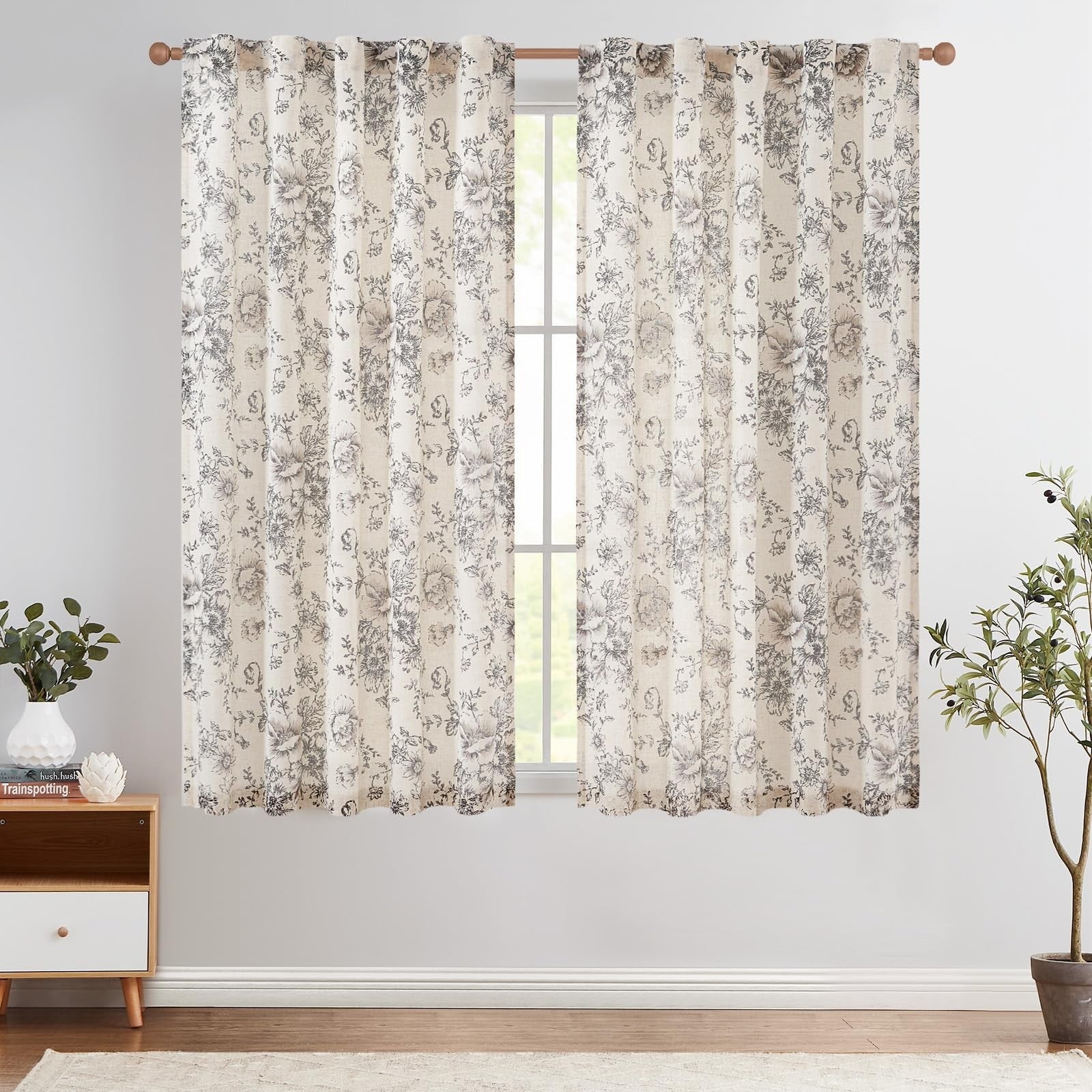 Jinchan Floral Linen Curtains Drapes 63 Inch Length Grommet Top Set 2 Panels