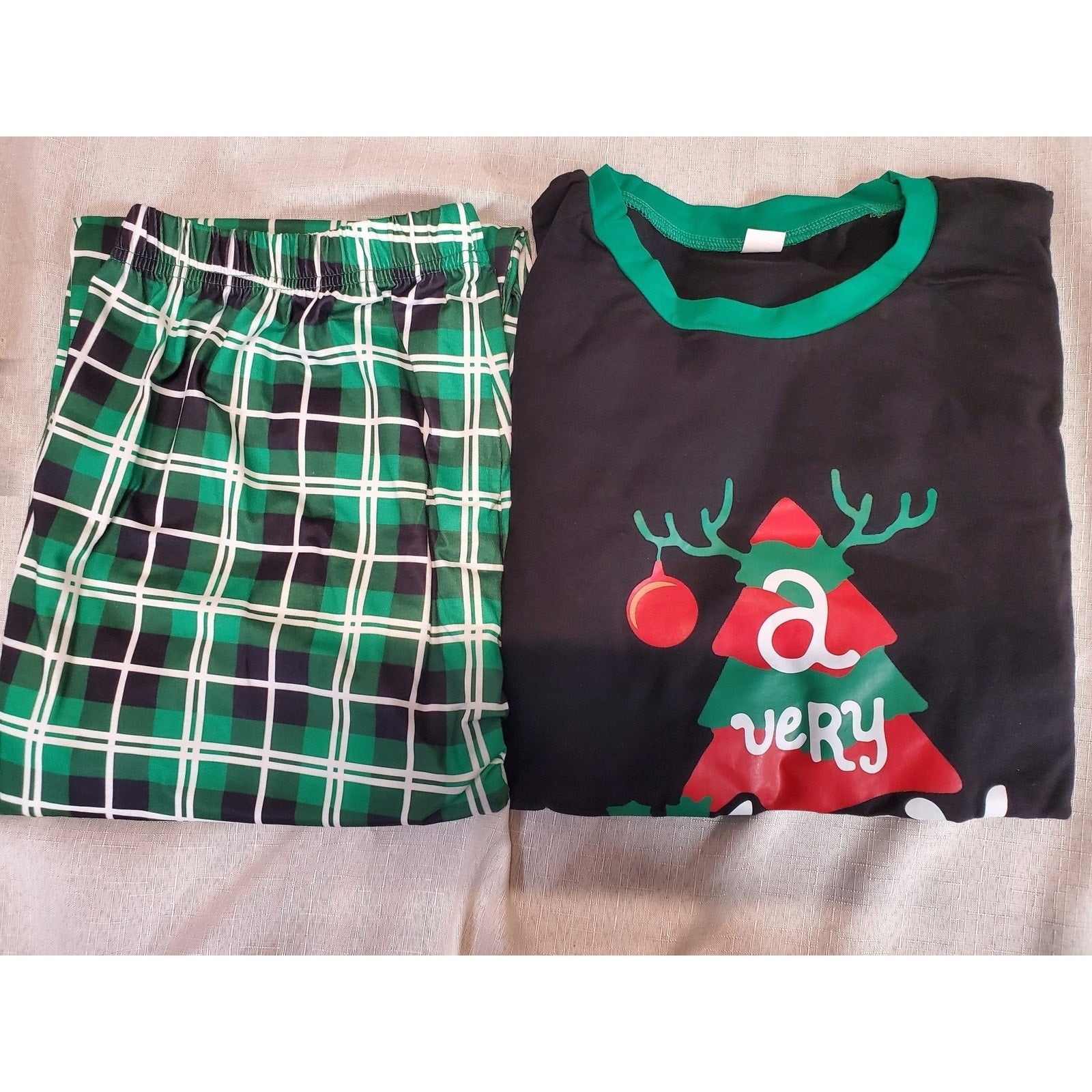 Mens M Christmas Pajama Set Black Green Plaid Holiday Sleepwear Long Sleeve