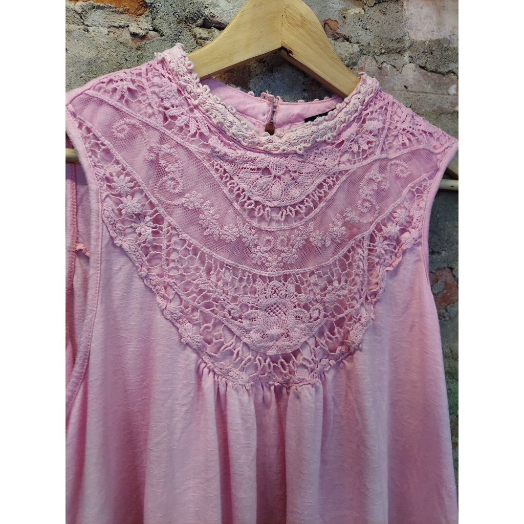 Suzanne Betro Womens Sleeveless Top 2X Pink Lace Yoke Crochet Trim High Neck