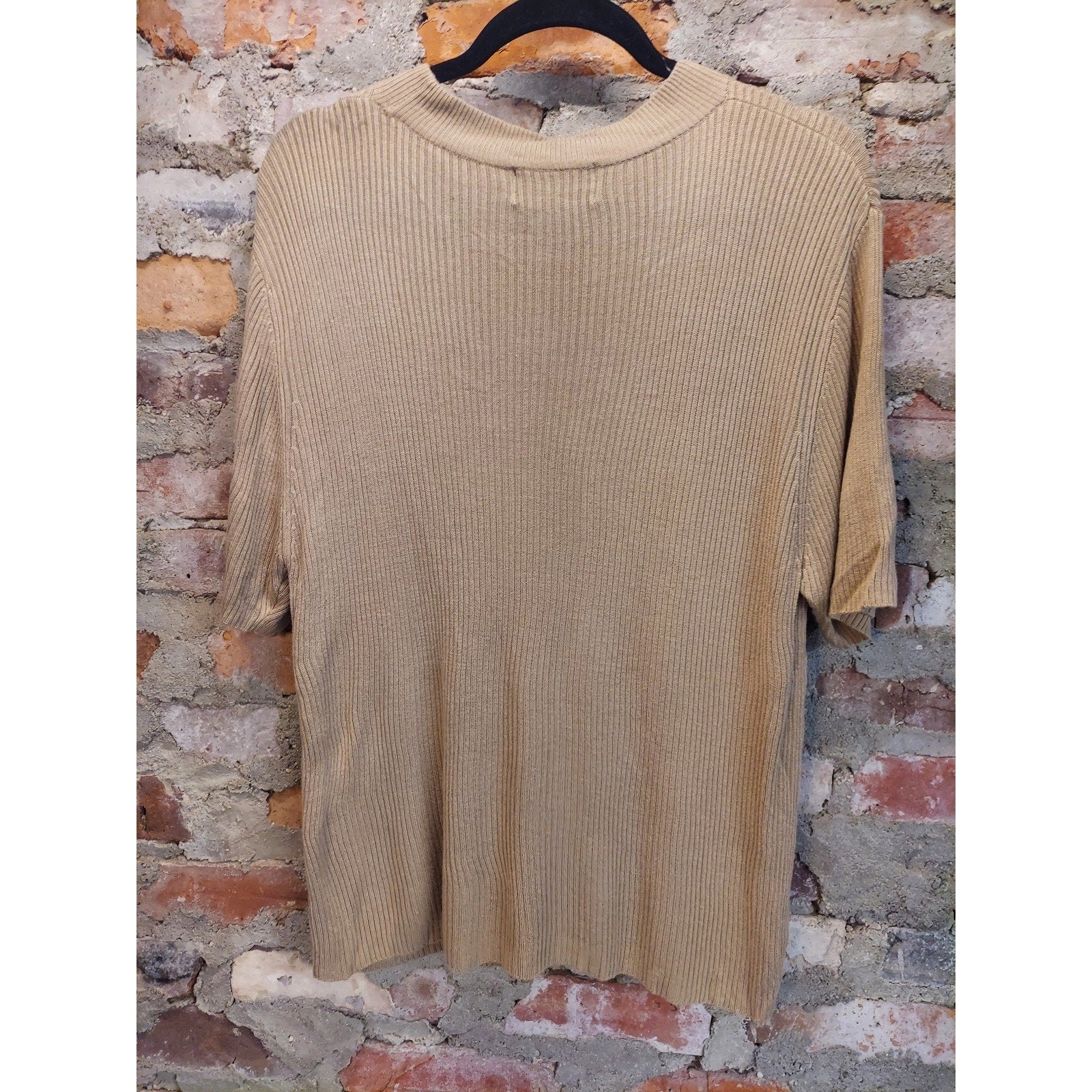 Sag Harbor Womens Ribbed Knit Top Short Sleeve Large Tan Rayon Mock Neck