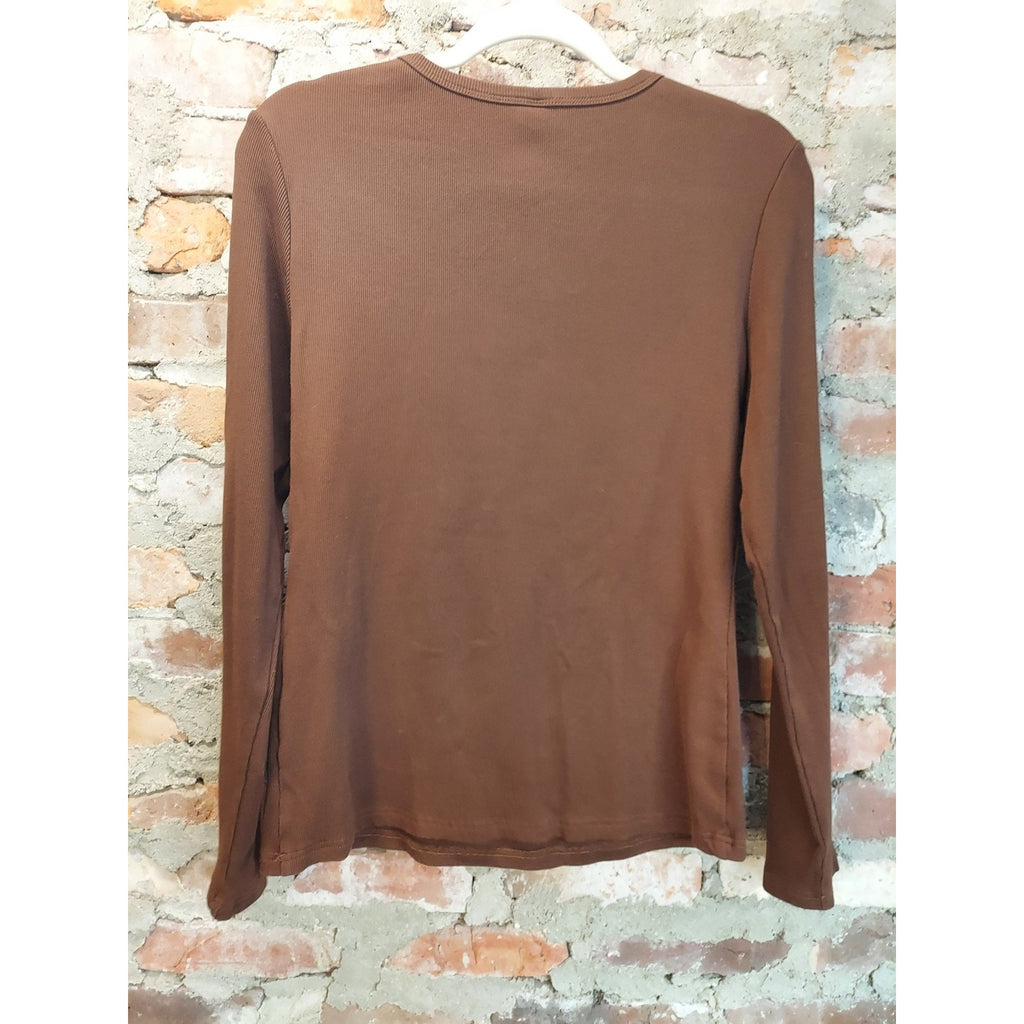 AUTONEY Womens Long Sleeve Shirt XL Brown Ribbed Crewneck Basic Top