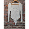 Womens Bodysuit M White Square Neck Long Sleeve Thong Viscose Elastane