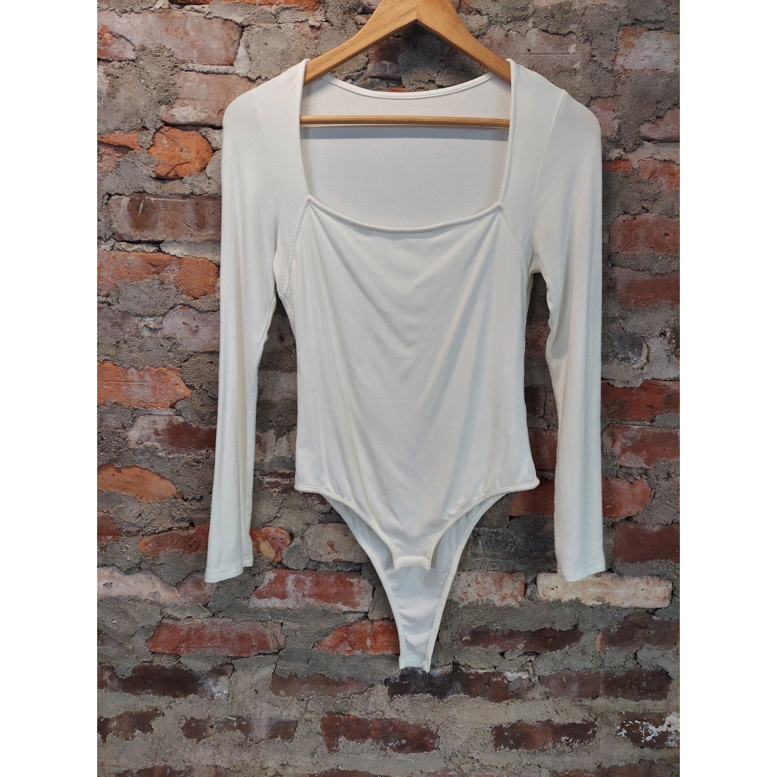 Womens Bodysuit M White Square Neck Long Sleeve Thong Viscose Elastane