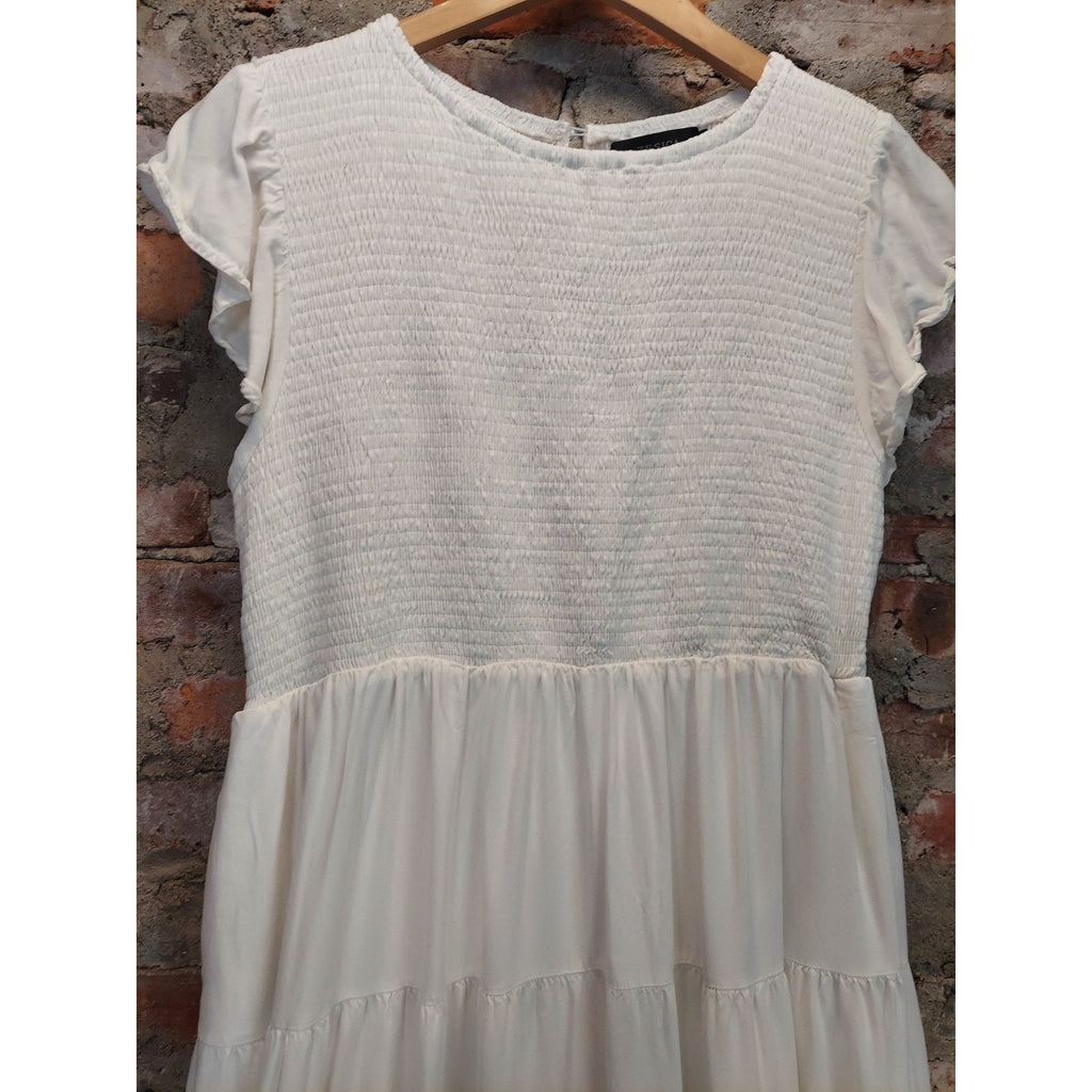 ZESICA Womens Dress XXL White Smocked Bodice Tiered Flutter Sleeve Midi
