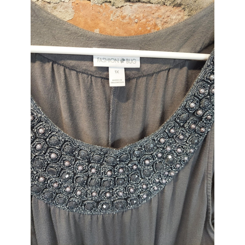 Fashion Bug Womens Tank Top 1X Gray Beaded Embellished Neckline Flowy