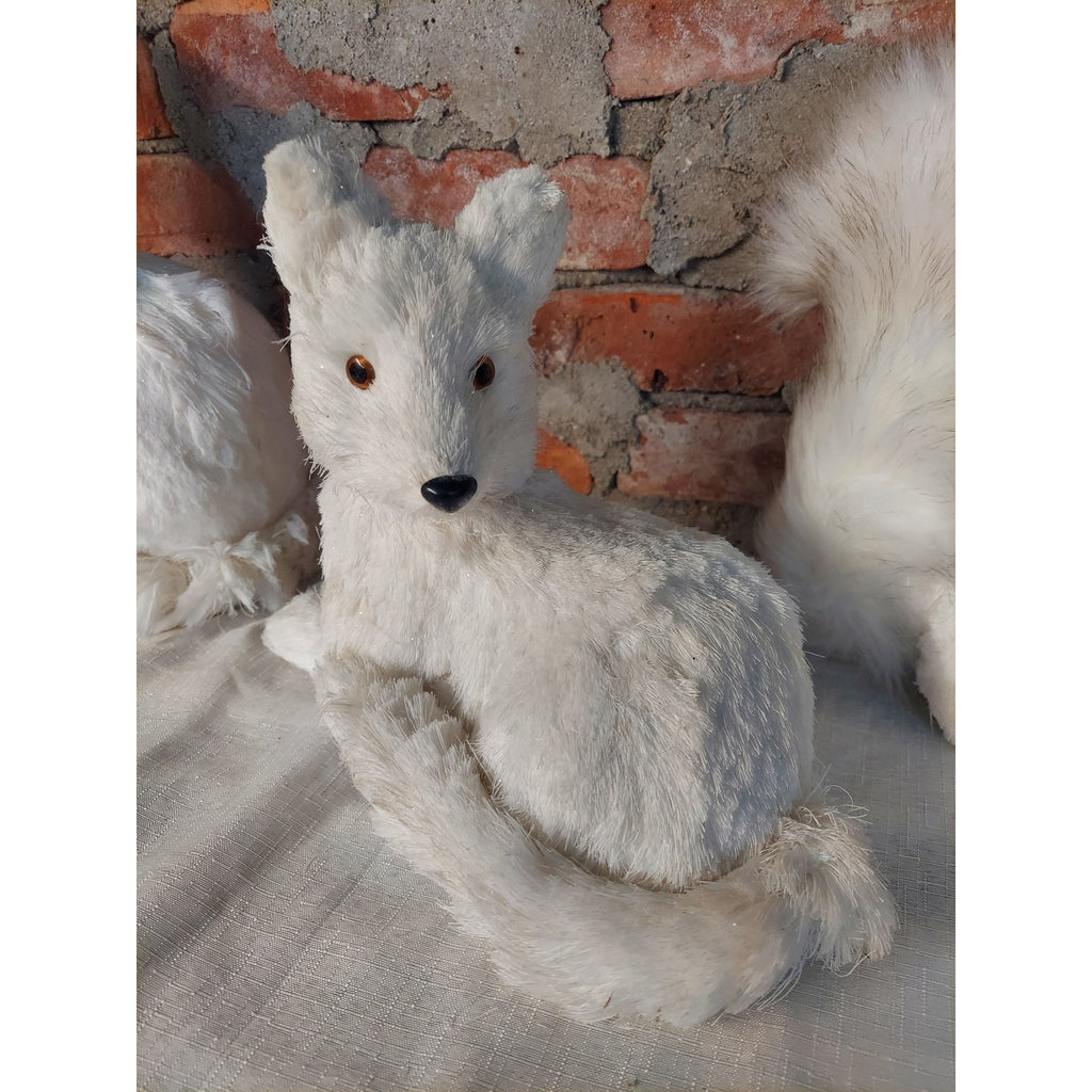 White Fox Squirrel Faux Fur Animal Figures Lot 3 Winter Holiday Decor Glitter