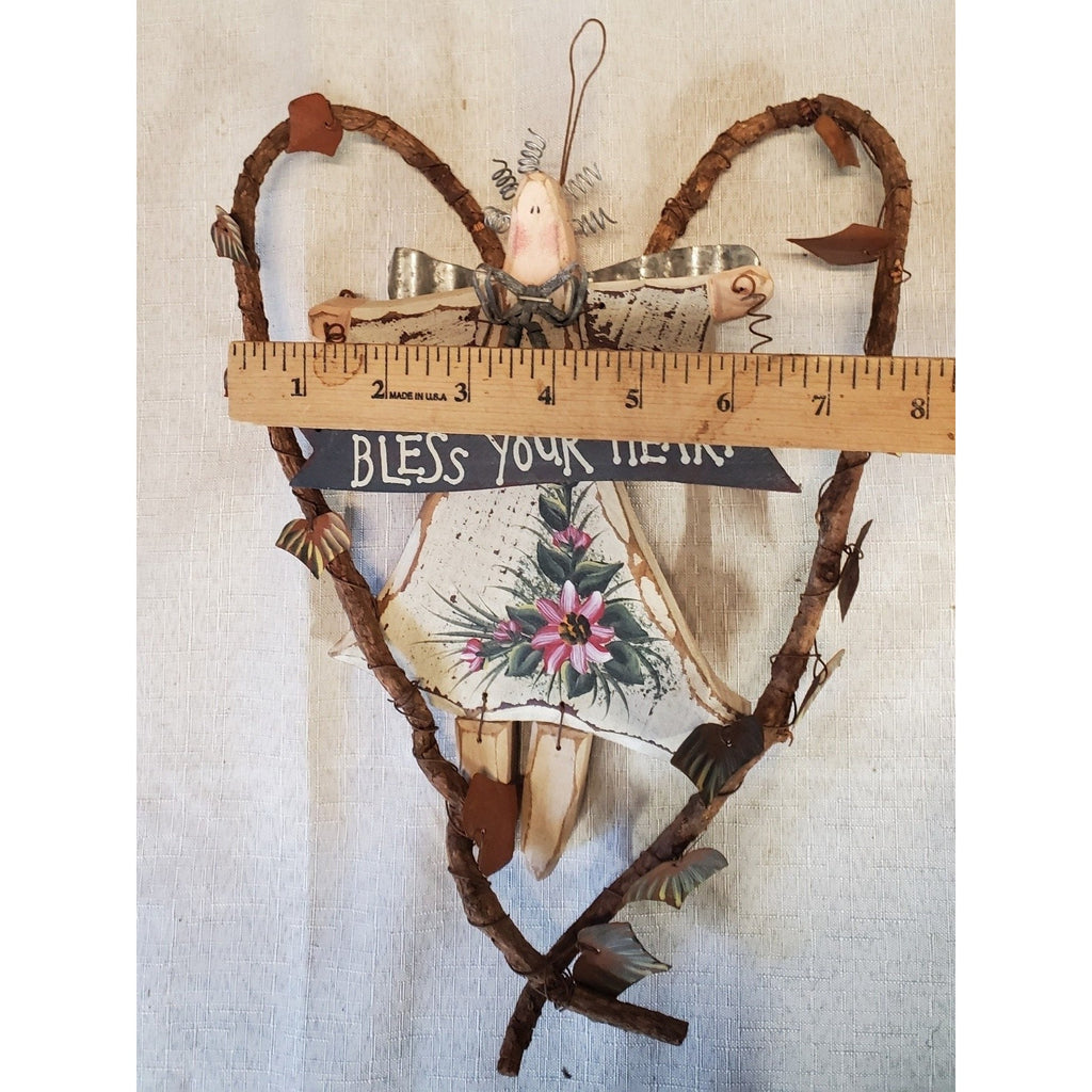 Angel Bless Your Heart Folk Art Wall Hanging Rustic Country Vine Decor