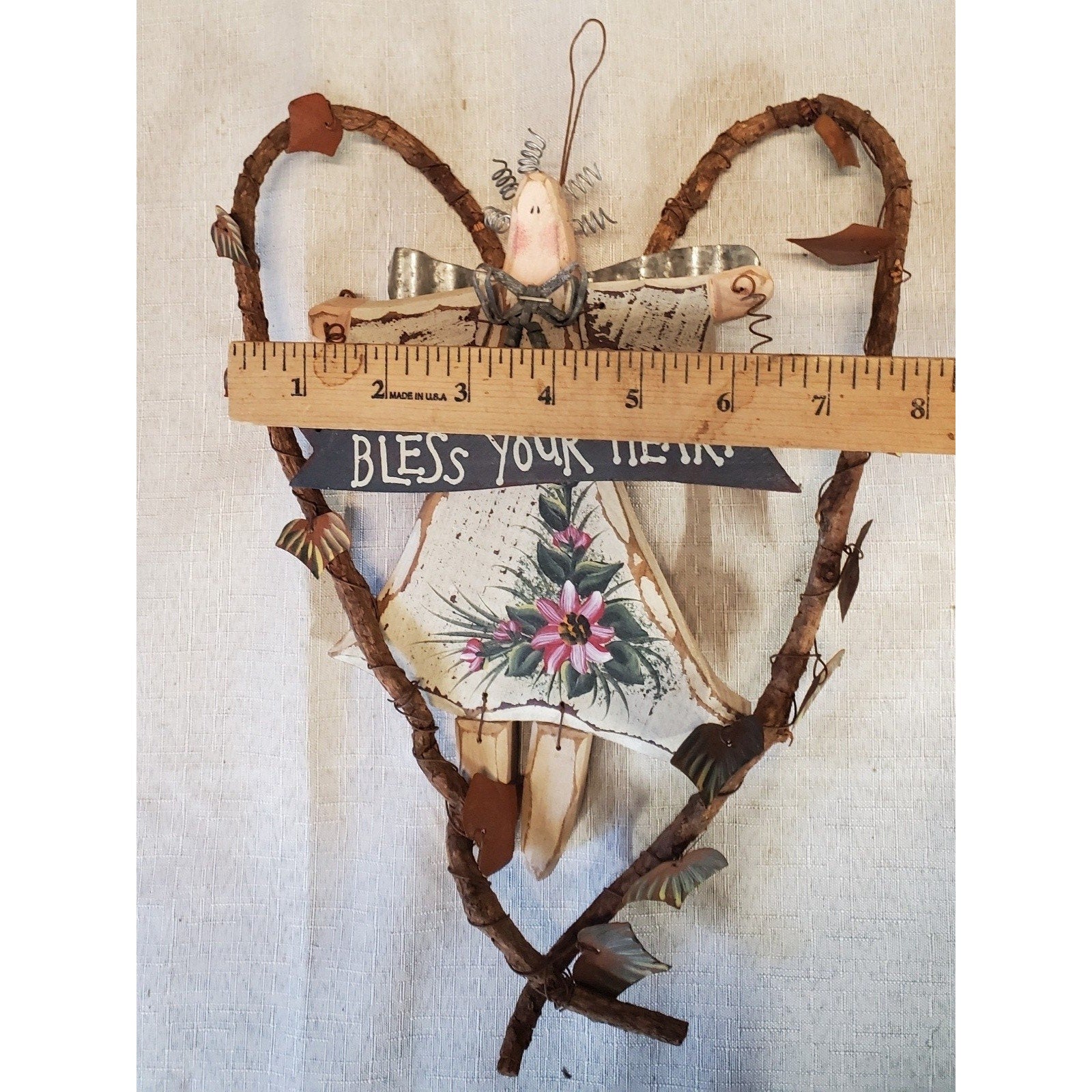 Angel Bless Your Heart Folk Art Wall Hanging Rustic Country Vine Decor