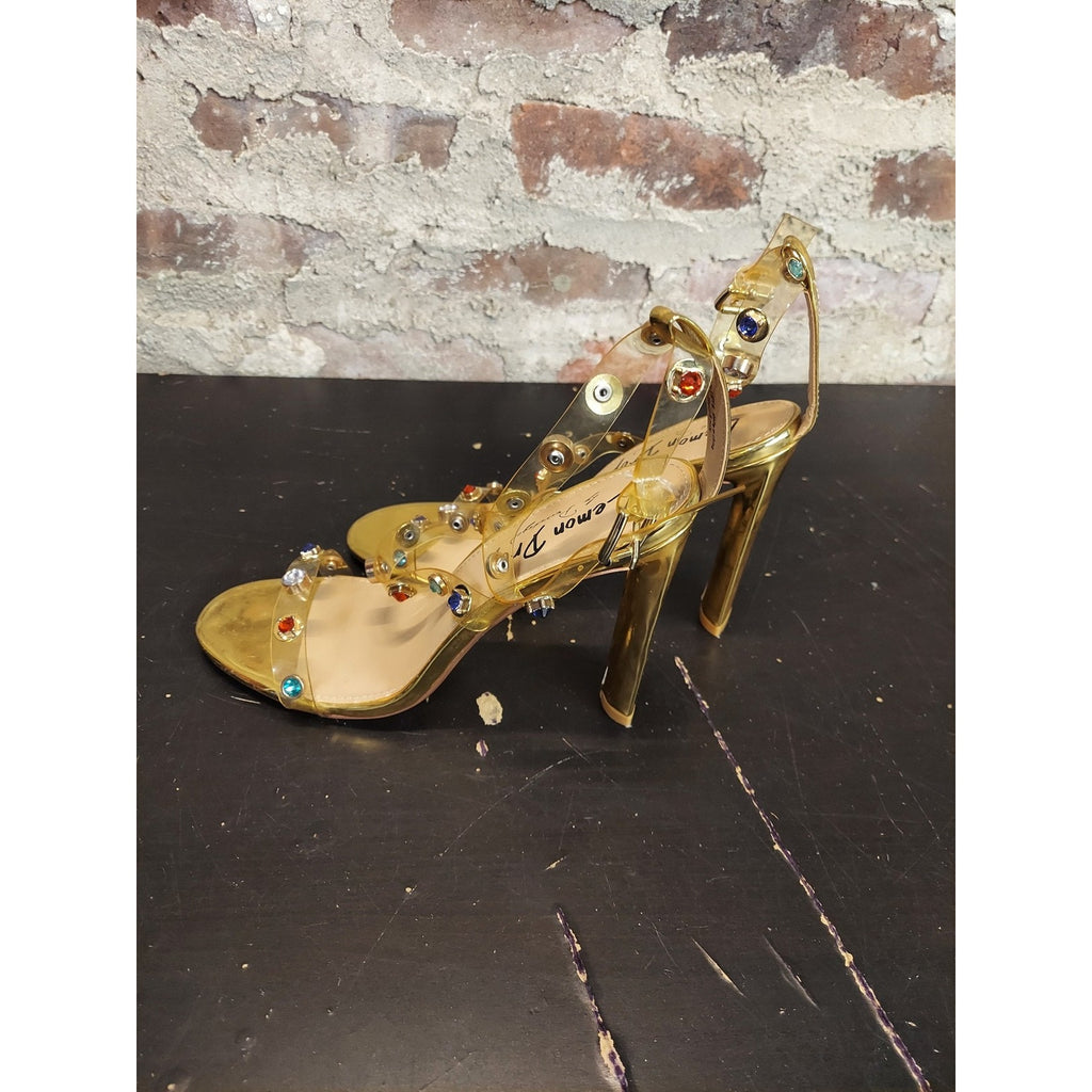 Lemon Drop Womens Block Heel Sandals 7.5 Gold Clear Multicolor Rhinestone Ankle