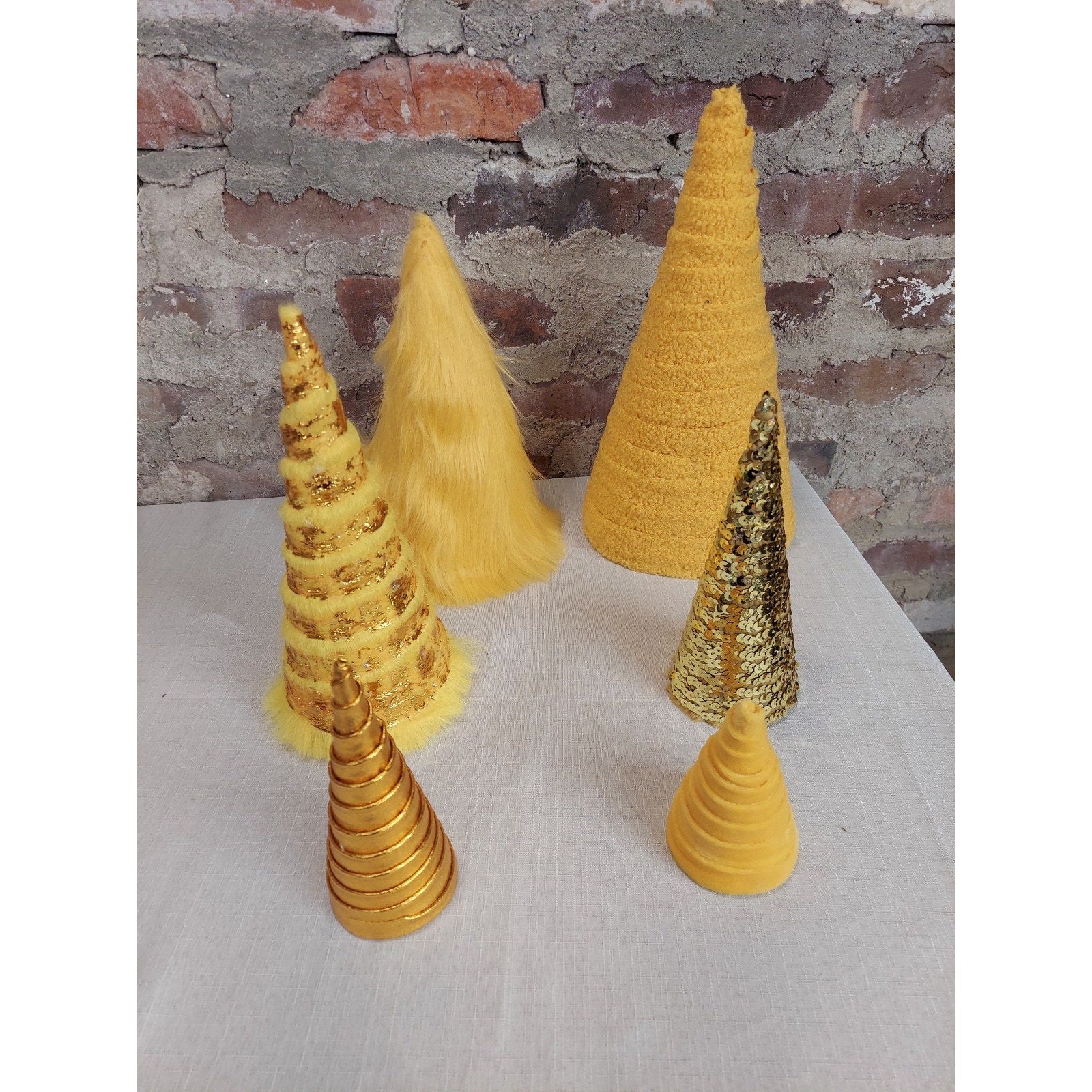 Yellow Gold Cone Decor Set Christmas Tabletop Centerpiece Furry Sequin Glitter