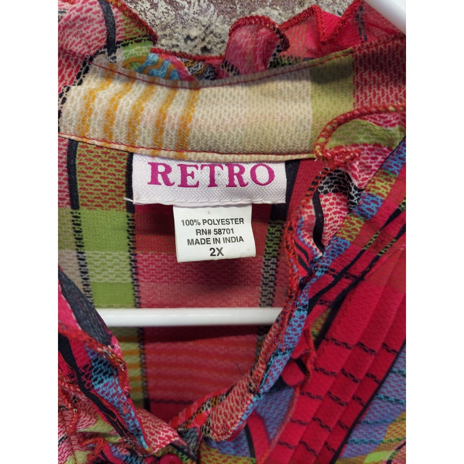 Retro Womens Plaid Ruffle Blouse 2X Plus Multicolor Short Sleeve Smocked Hem