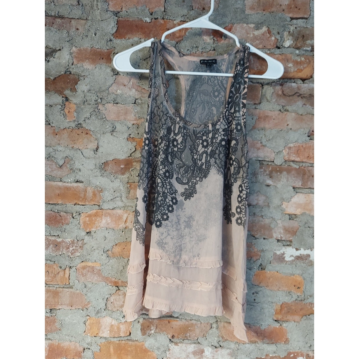 FANG Womens Tank Top L Blush Pink Black Lace Overlay Ruffled Hem Sheer