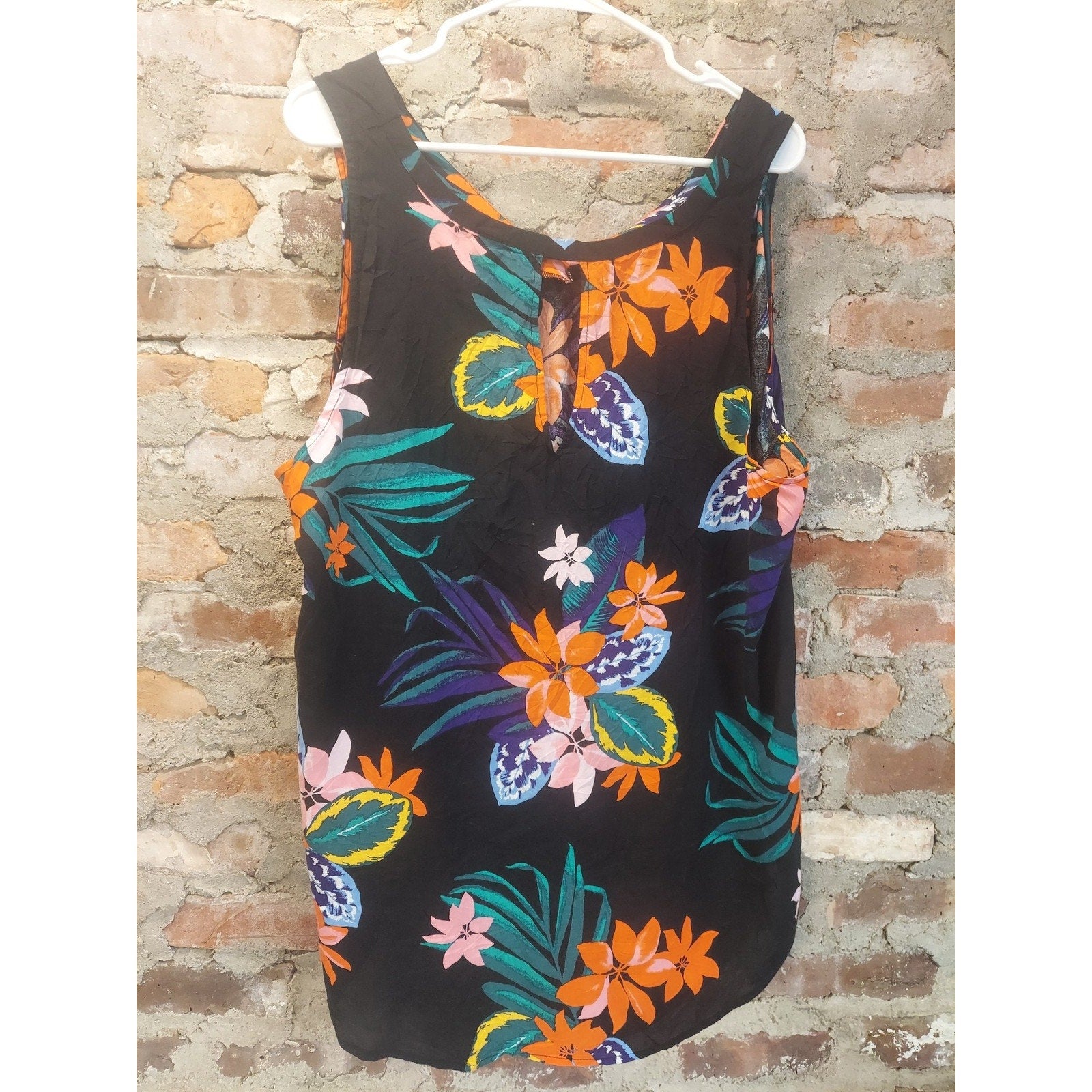 Old Navy Womens Tank Top XXL Floral Tropical Multicolor Black Scoop Neck