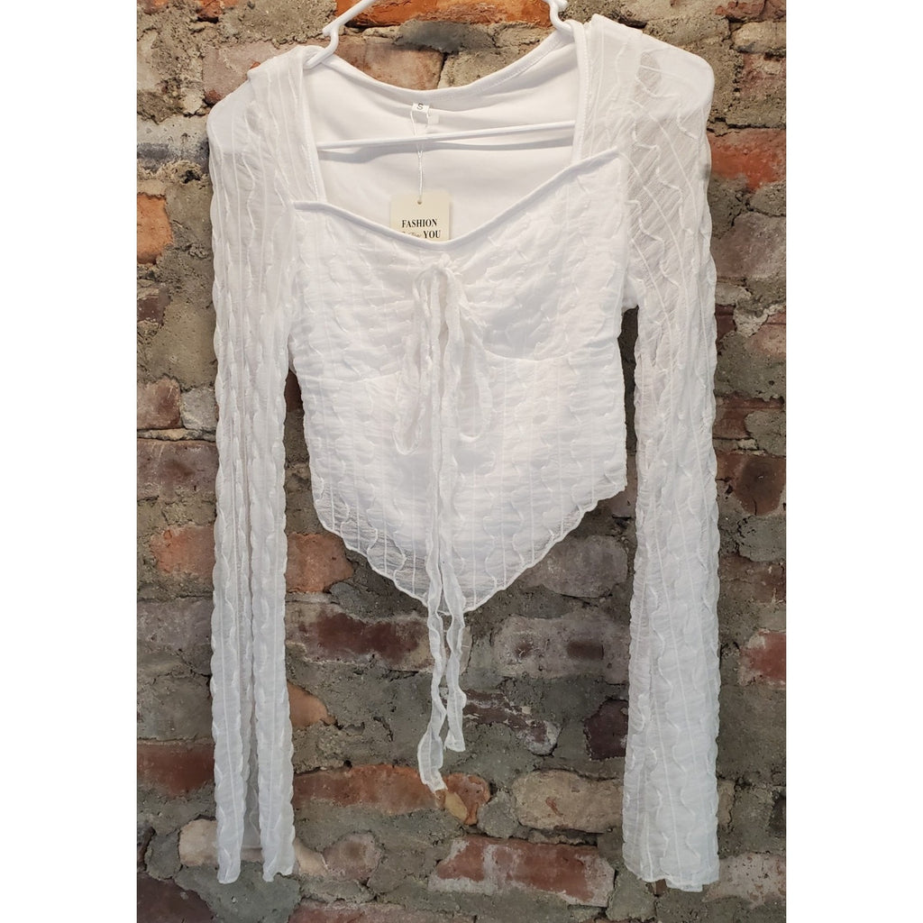 Womens White Long Sleeve Crop Top Small Tie Front Square Neck Textured