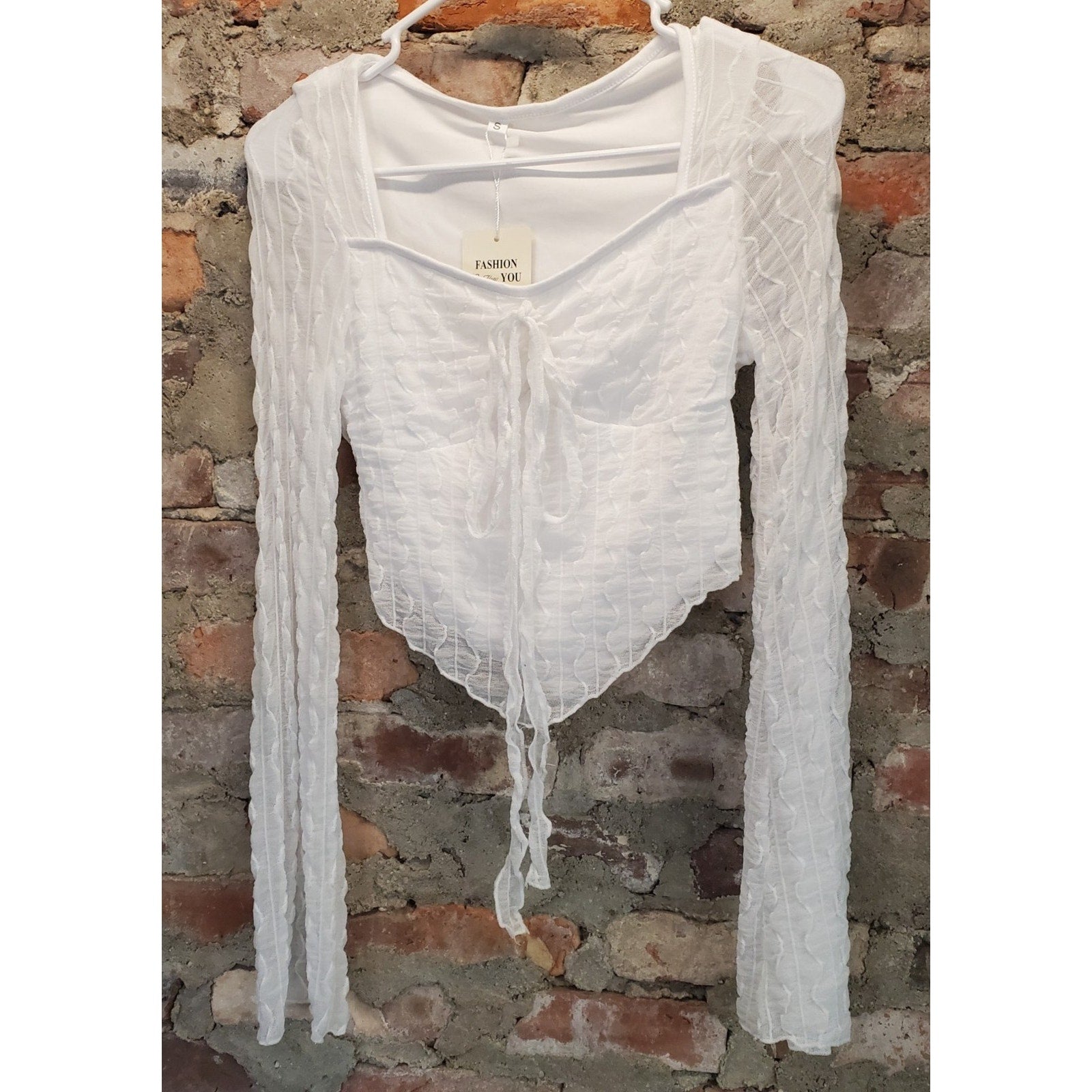 Womens White Long Sleeve Crop Top Small Tie Front Square Neck Textured