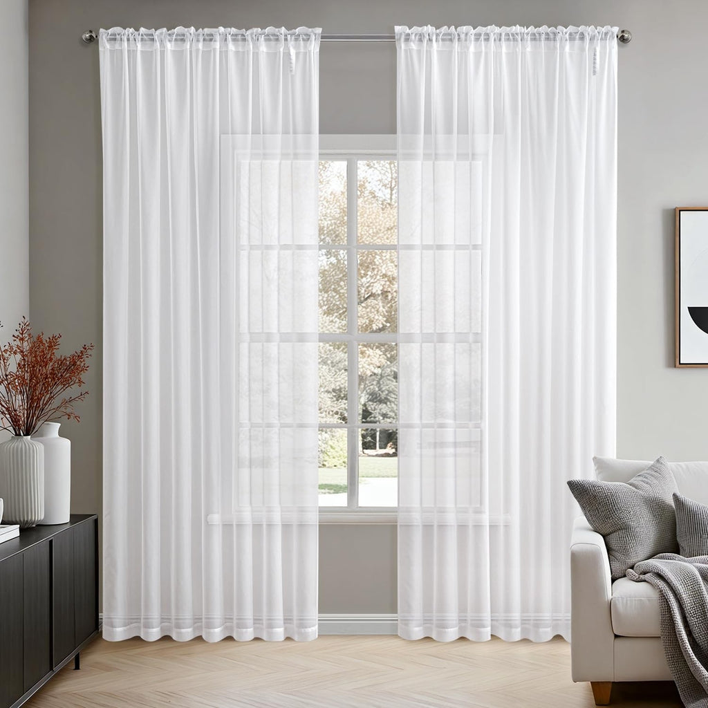 Sheer Curtains White Window 2 Panels Rod Pocket Light Filtering 70x90"