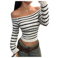 Womens Off Shoulder Cropped Ribbed Knit Sweater Medium White Black Striped Long