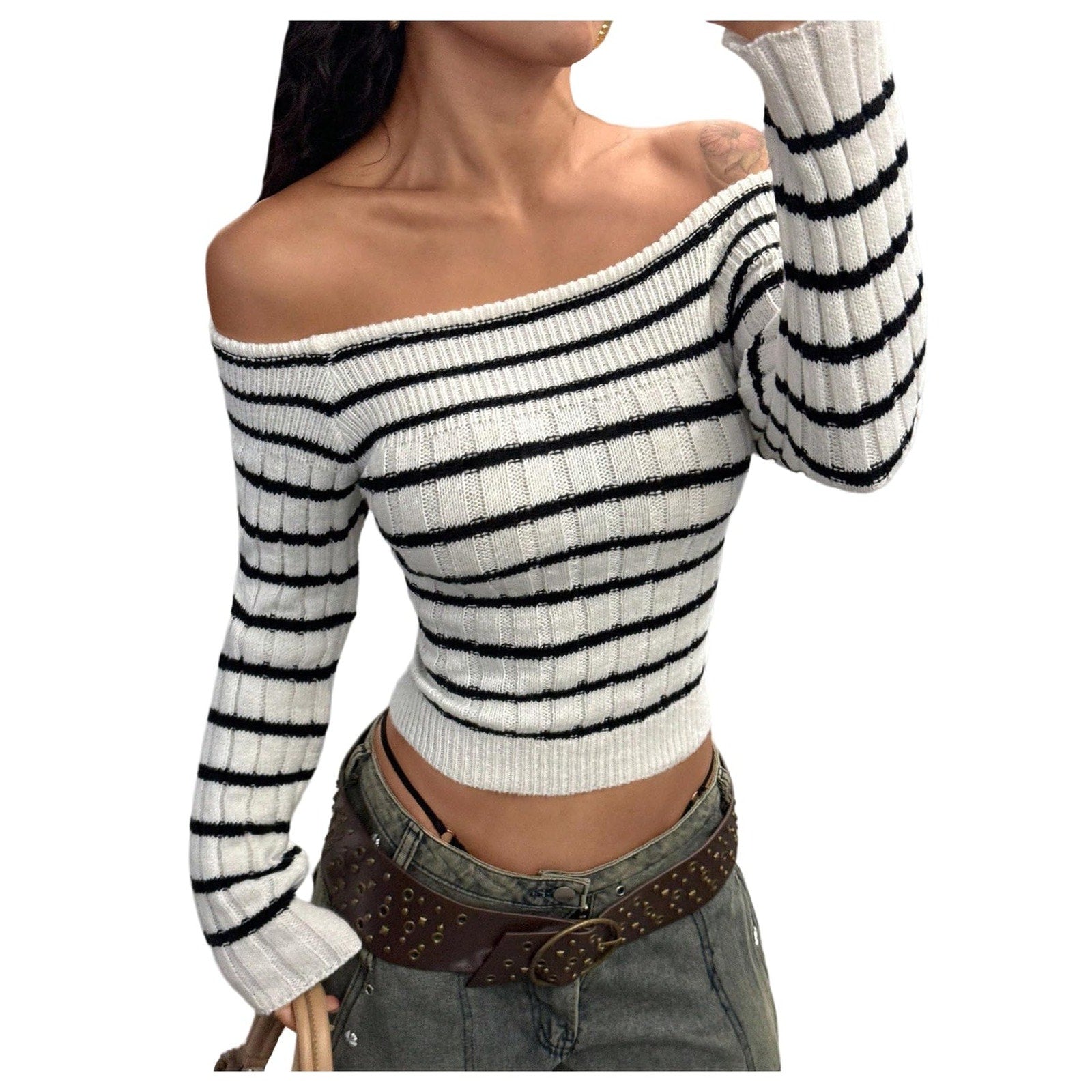 Womens Off Shoulder Cropped Ribbed Knit Sweater Medium White Black Striped Long