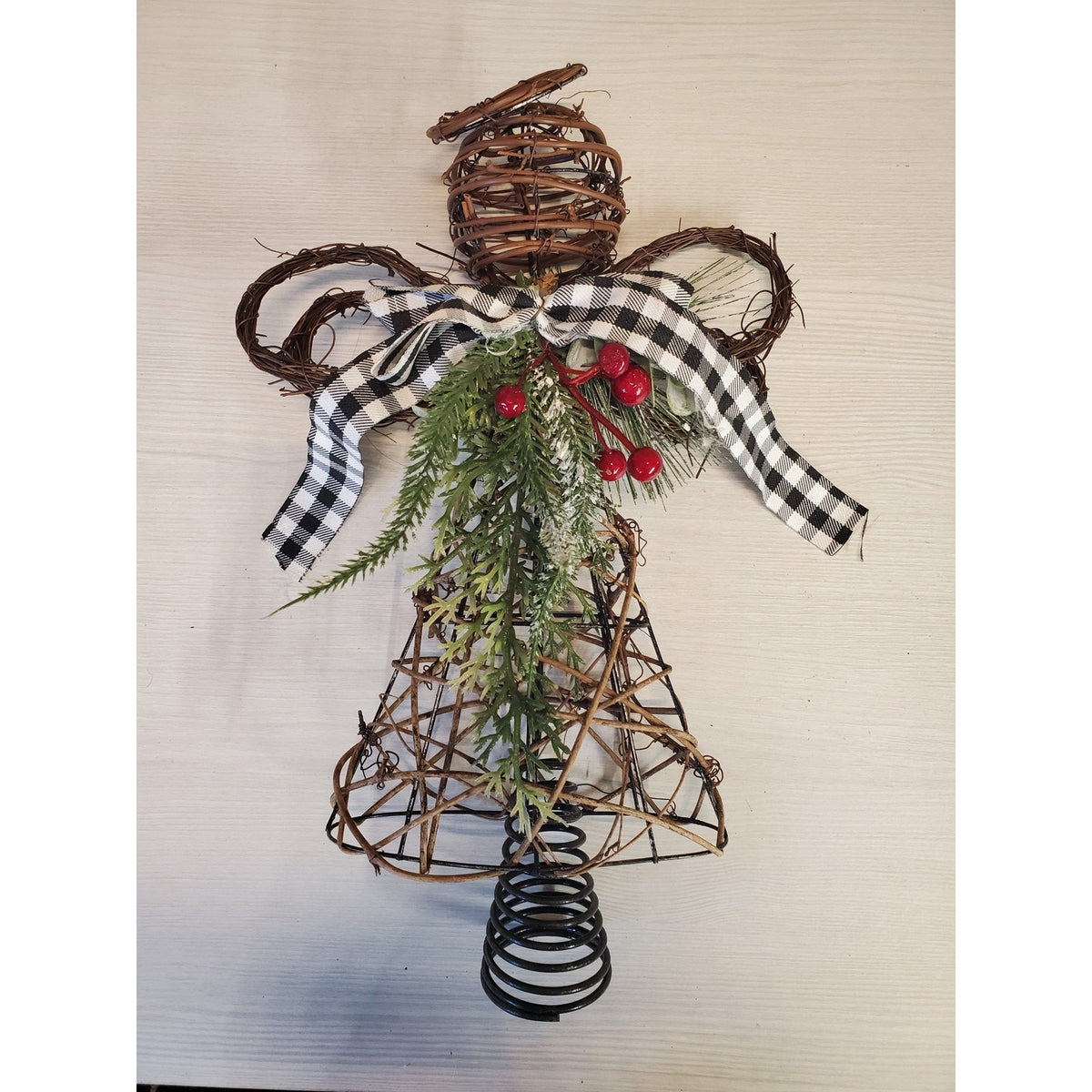 Christmas Tree Topper Angel Woven Willow Grapevine Farmhouse Buffalo Plaid