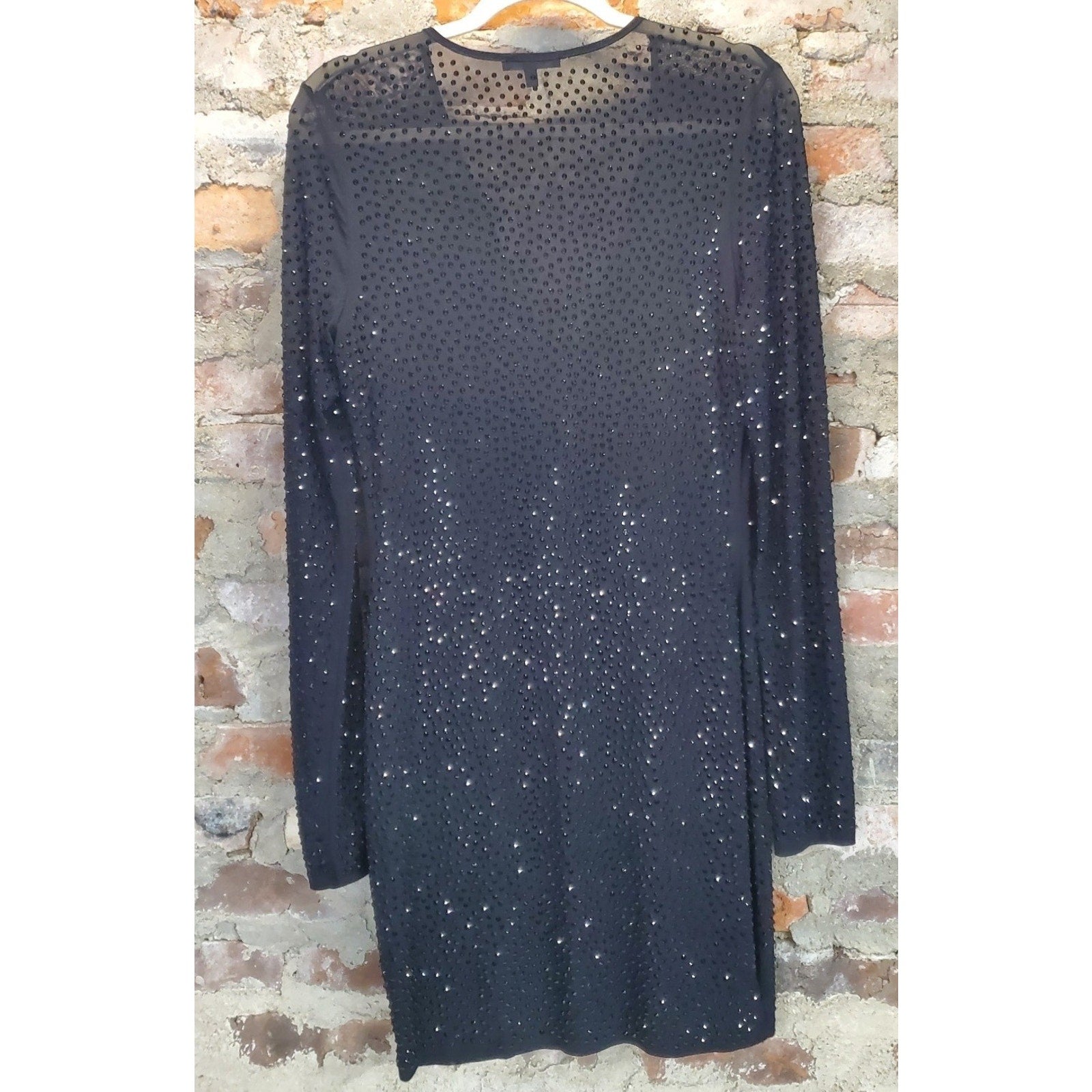 Womens Sz M Black Sparkle Sheer Long Sleeve V Neck Mini Party Dress