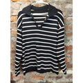 Womens Collared Sweater Black White Striped Pullover Knit Long Sleeve L SOFT