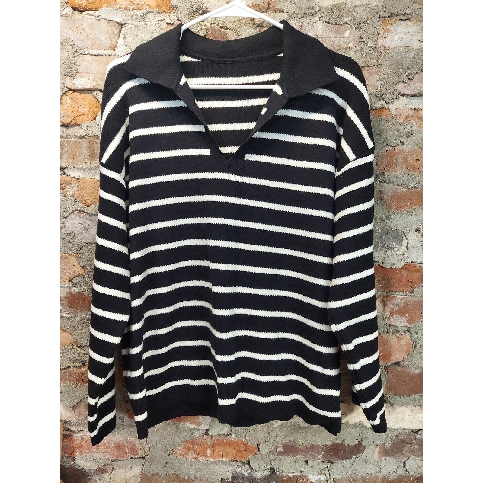 Womens Collared Sweater Black White Striped Pullover Knit Long Sleeve L SOFT