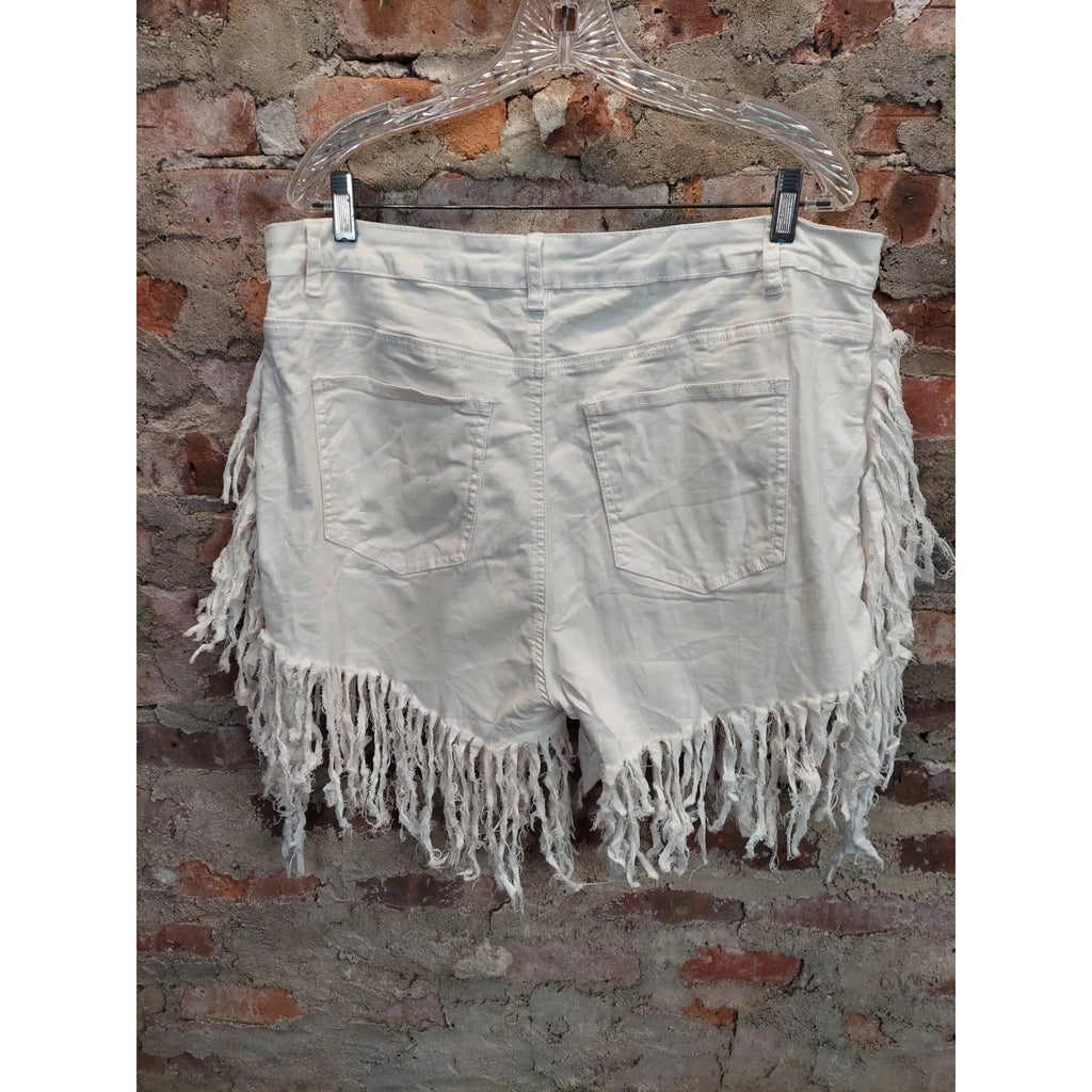American Bazi Womens Fringe Jean Shorts Size 2X White Denim Cutoff Boho Festival