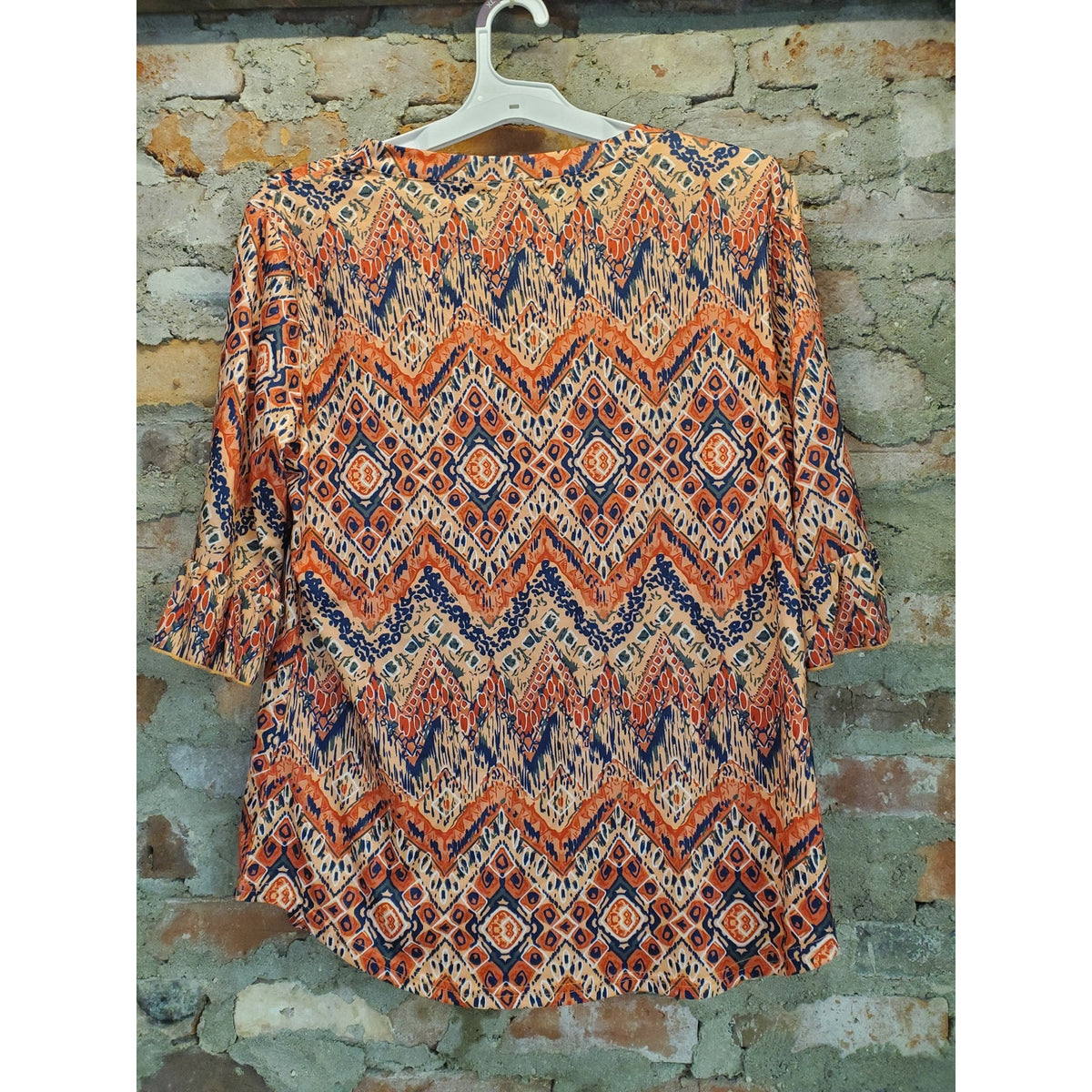 Sampeel Womens Tunic Top L Orange Navy Multicolor Geometric V Neck 3/4 Sleeve