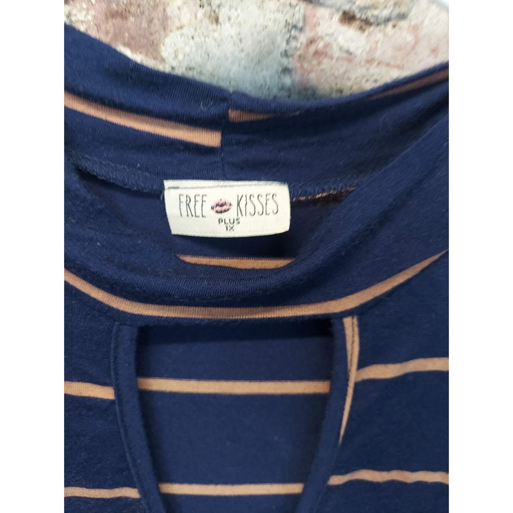 Free Kisses Womens Keyhole Top Plus 1X Navy Tan Striped Short Sleeve