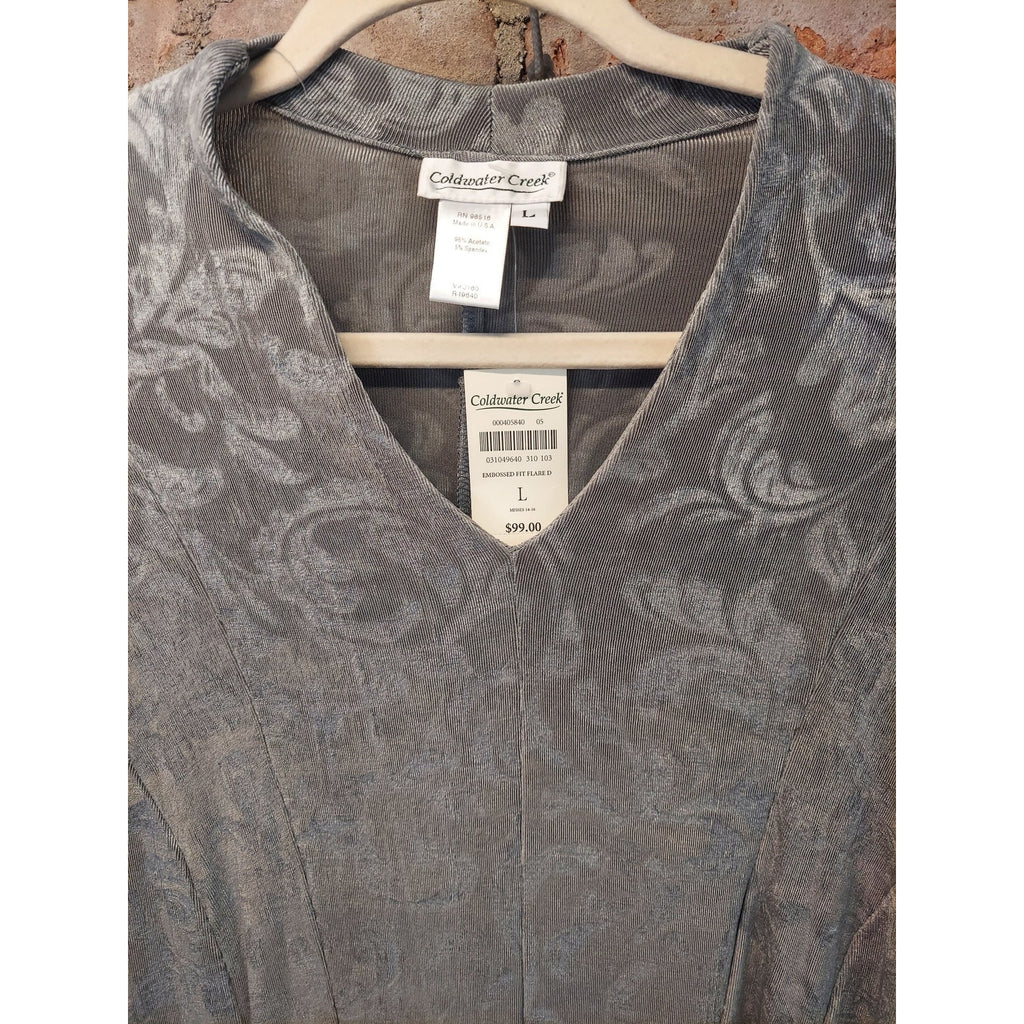 Coldwater Creek Womens Dress L Gray Embossed Velvet V Neck Long Sleeve Midi