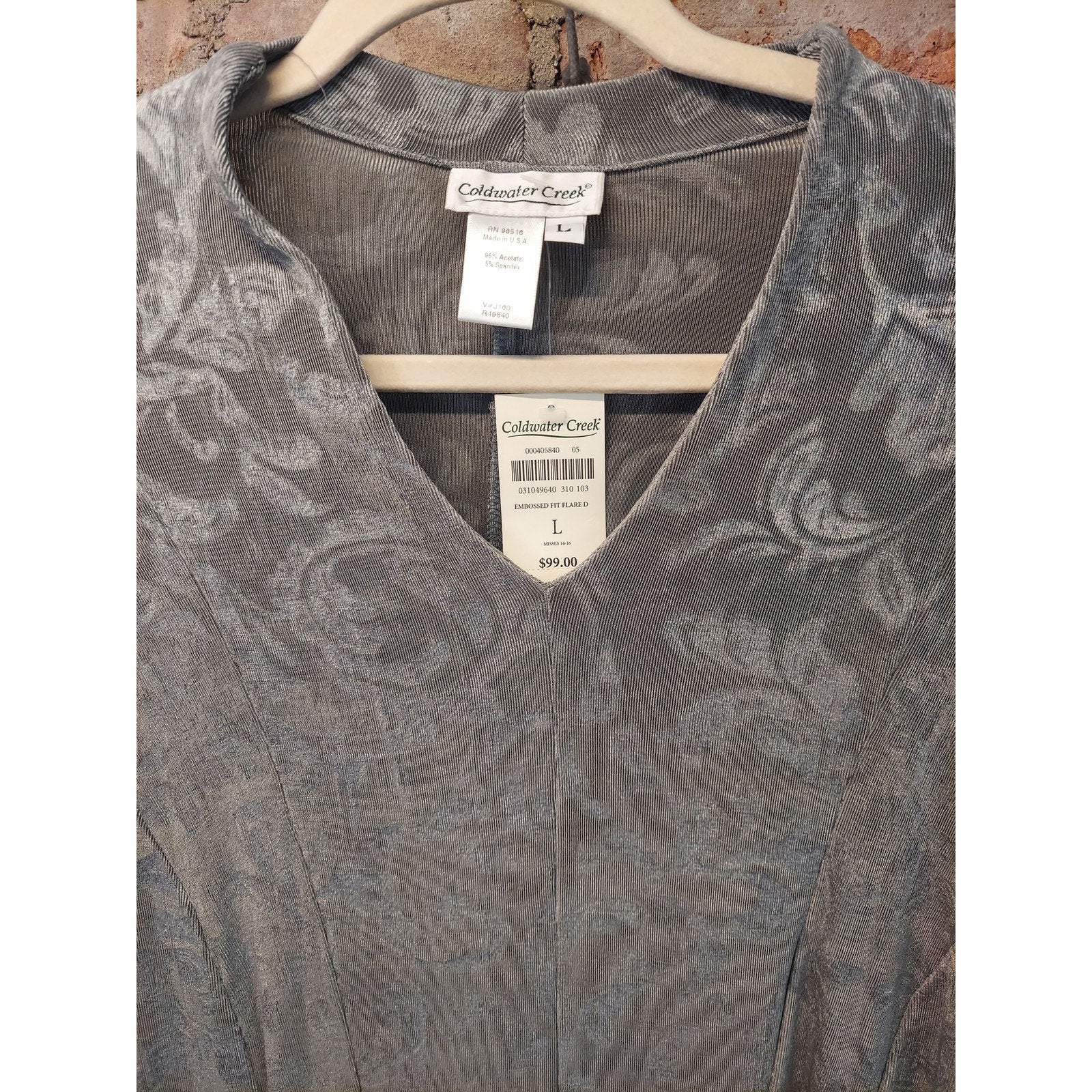 Coldwater Creek Womens Dress L Gray Embossed Velvet V Neck Long Sleeve Midi