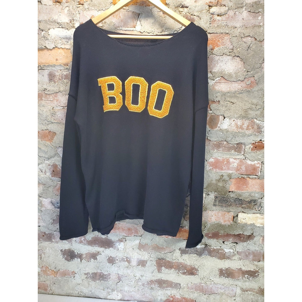 Womens Halloween Boo Pullover Sweater XL Black Gold Long Sleeve Cotton