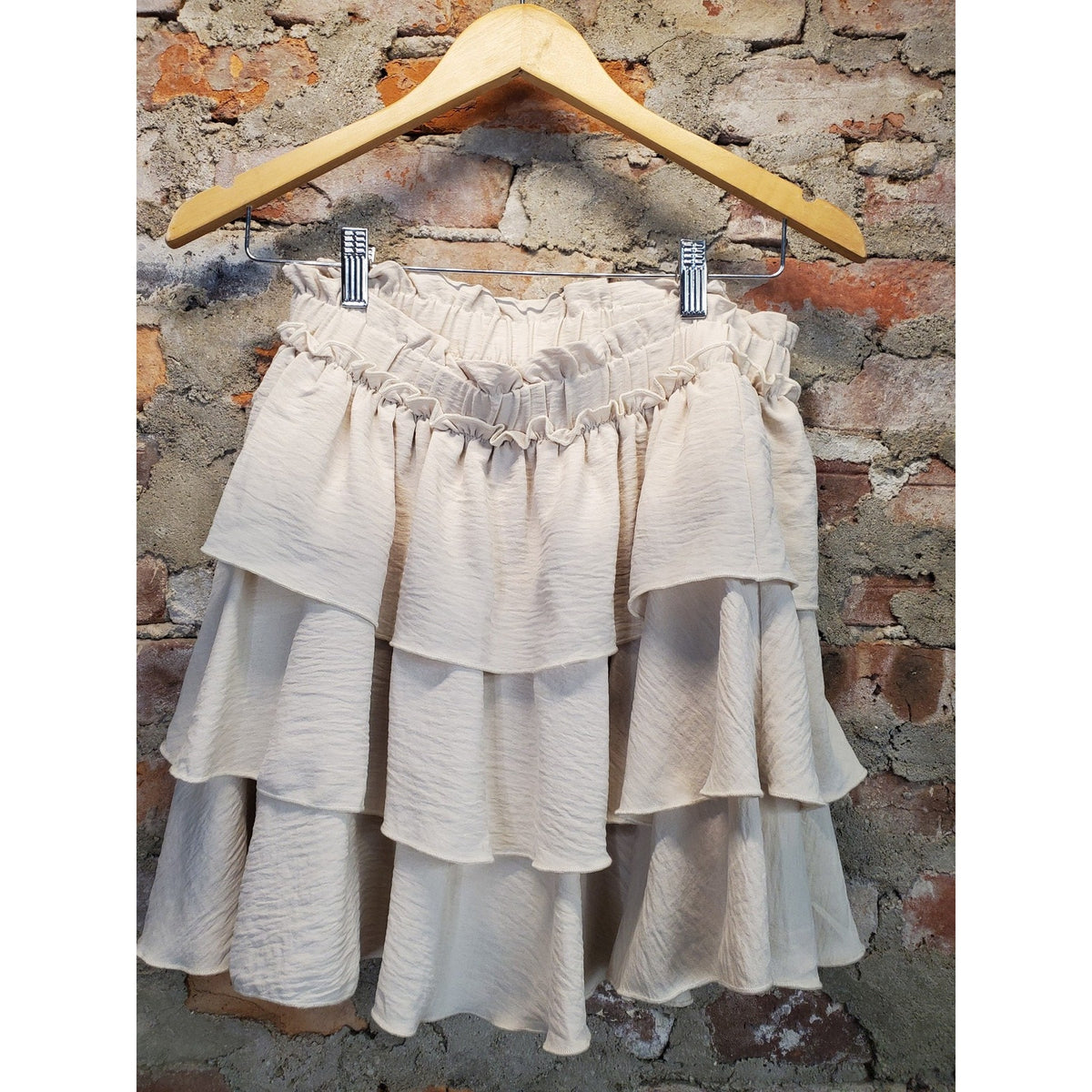 Caracilia Womens Tiered Ruffle Mini Skirt L Cream Elastic Waist High