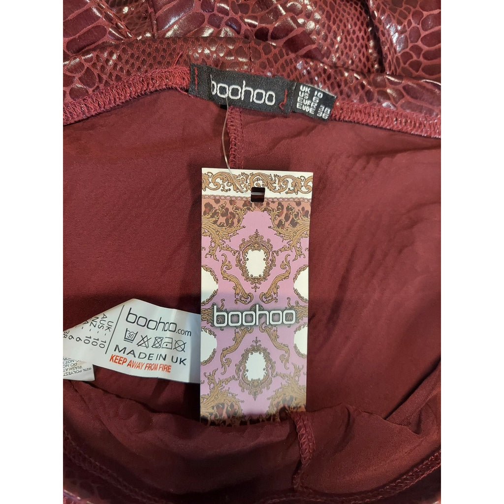 Boohoo Womens Leggings US 6 Burgundy Faux Leather Snakeskin High Waist NWT