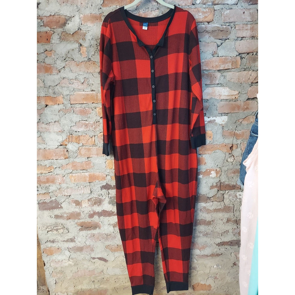 Old Navy Womens One Piece Jumpsuit 2X Red Black Buffalo Plaid Pajamas Henley