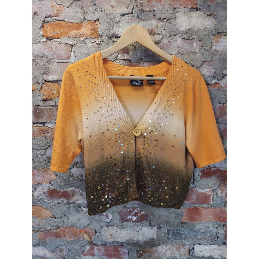 Christine Rotelli Womens Cropped Cardigan M Orange Brown Ombre Sequin V Neck