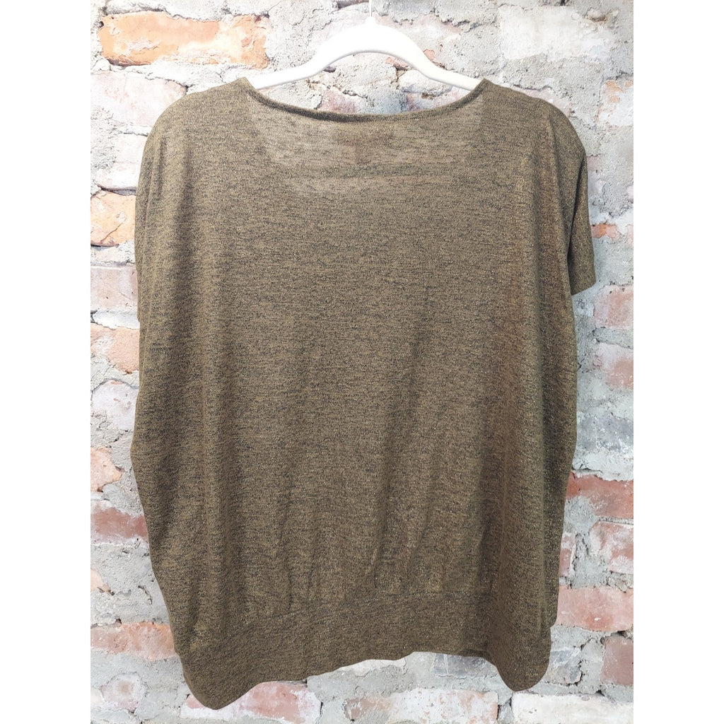 Jennifer Lopez Womens Cold Shoulder Knit Top L Olive Gold Heathered V Neck