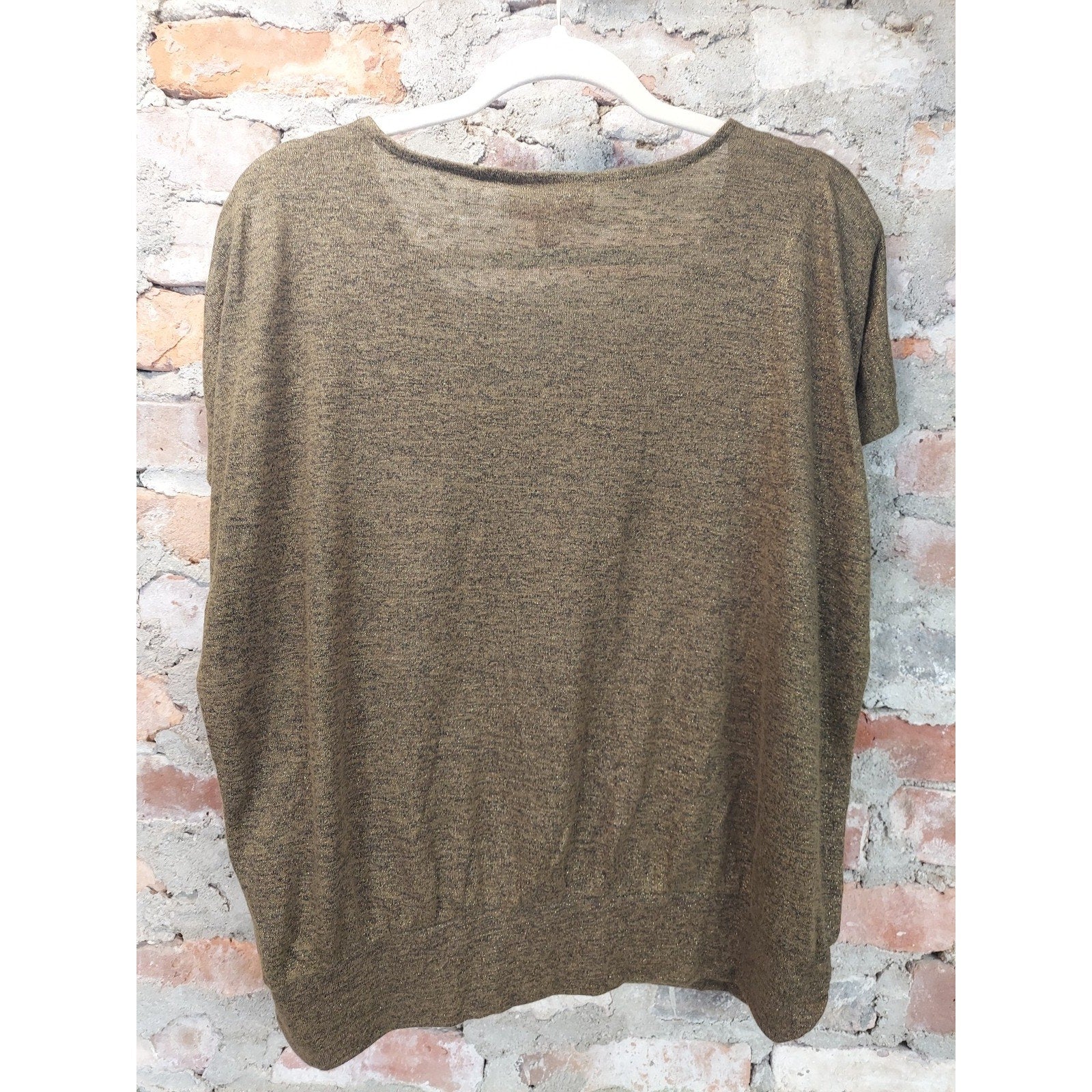 Jennifer Lopez Womens Cold Shoulder Knit Top L Olive Gold Heathered V Neck