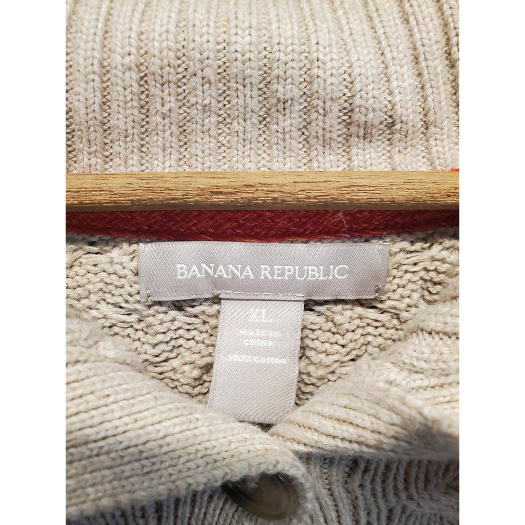 Banana Republic Womens Cardigan XL Beige Shawl Collar Cable Knit Cotton Button