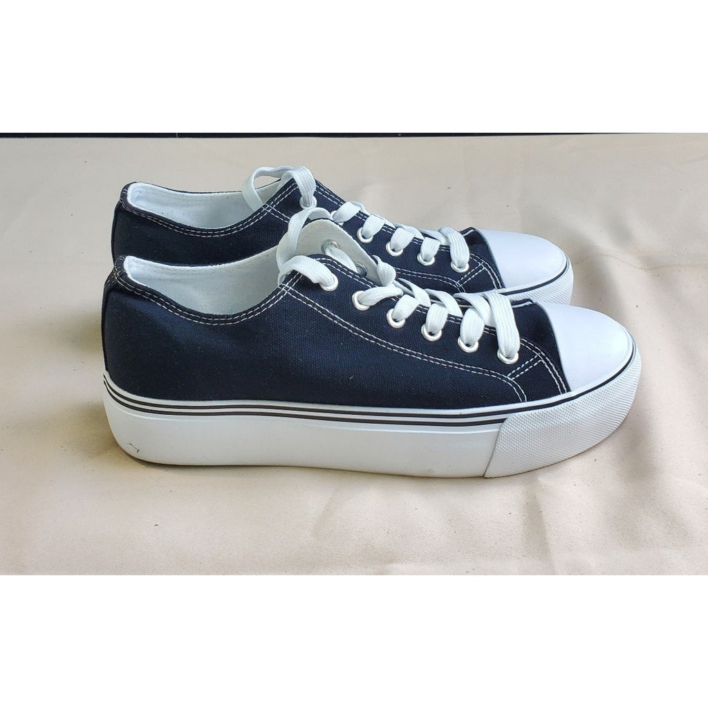 Womens Platform Sneakers Size 9 Black White Canvas Low Top Lace Up Casual