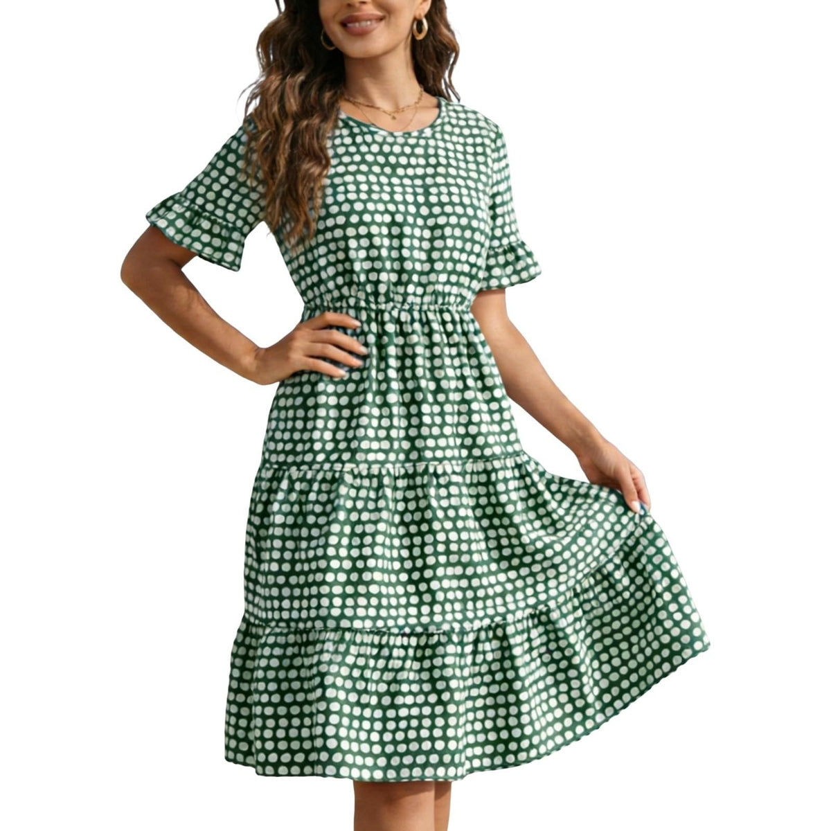 Womens Dress XL Green White Polka Dot Tiered Ruffle Sleeve V Neck Elastic Waist