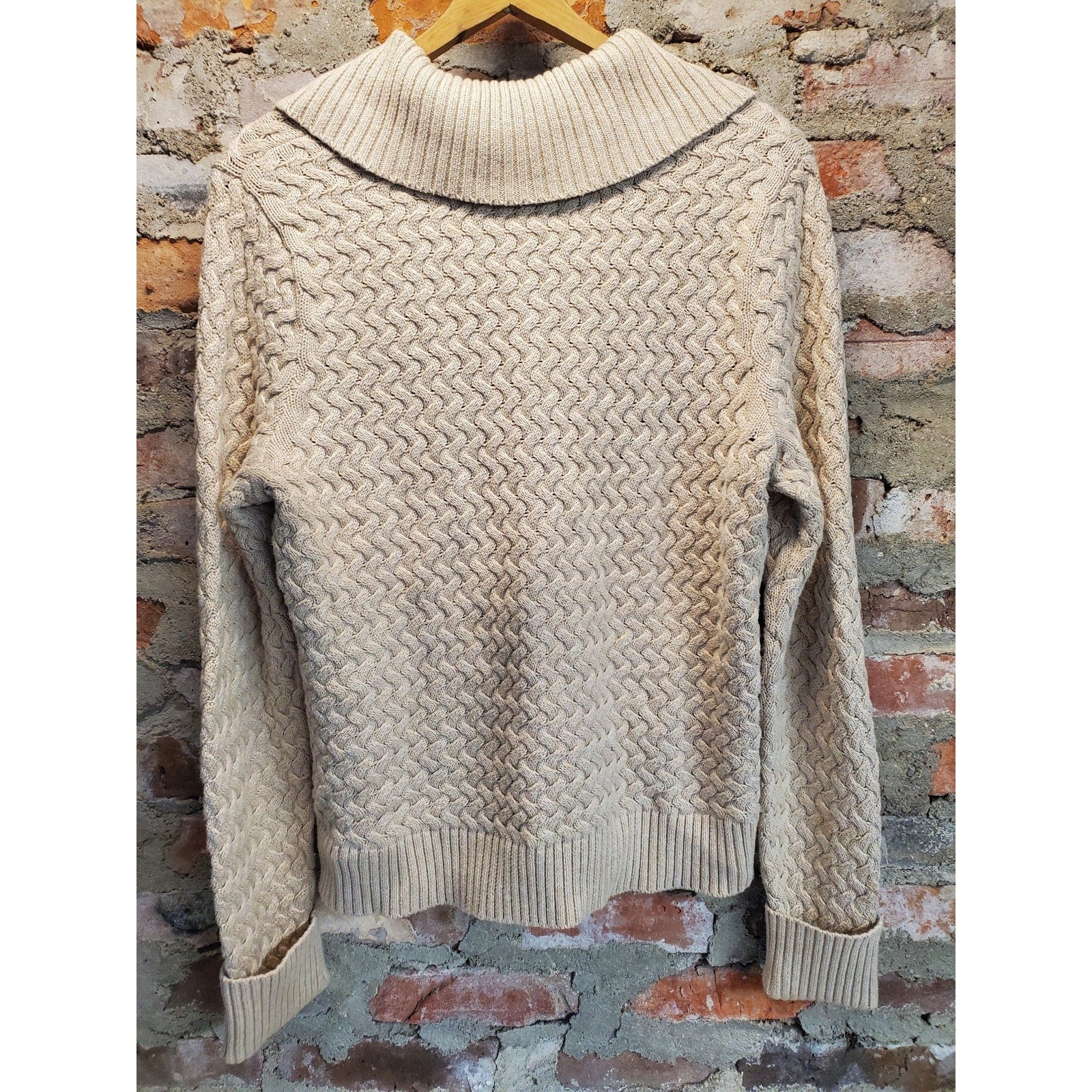 Banana Republic Womens Cardigan XL Beige Shawl Collar Cable Knit Cotton Button