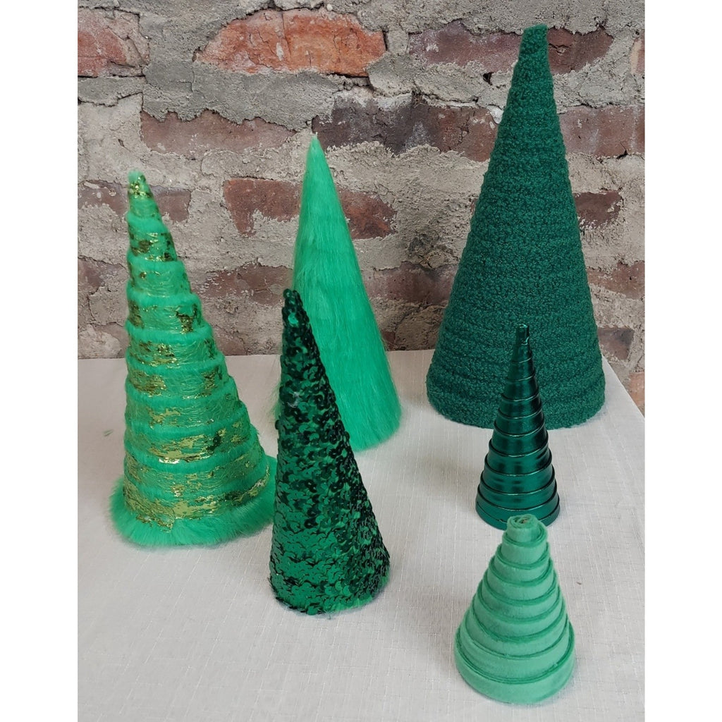 Christmas Trees Set Green Miniature 6 Piece Lot Textured Sequin Furry
