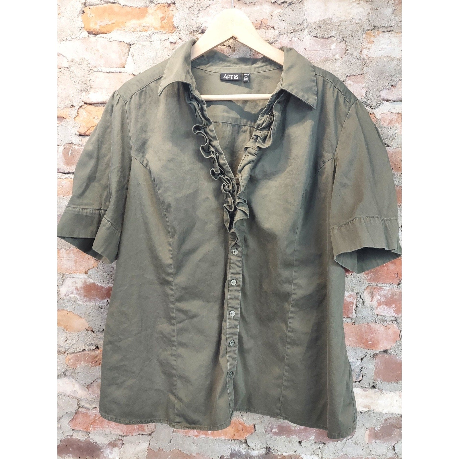 APT. 9 Womens Ruffle Blouse 3X Olive Green Short Sleeve Button Down Cotton