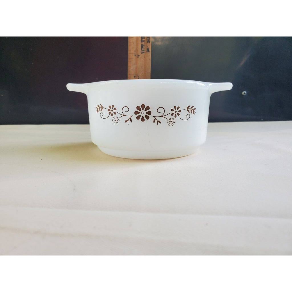 Vintage Dynaware Oval 4.5" Casserole Pyr-O-Rey Brown Daisy White Milk Glass