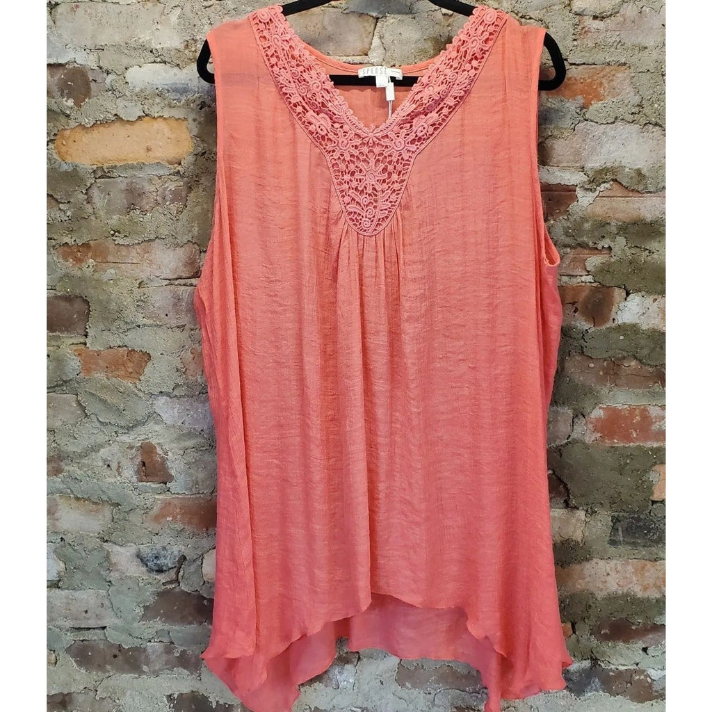 SPENSE Womens Plus Size 1X Coral Sleeveless Blouse Lace V-Neck Tunic Top